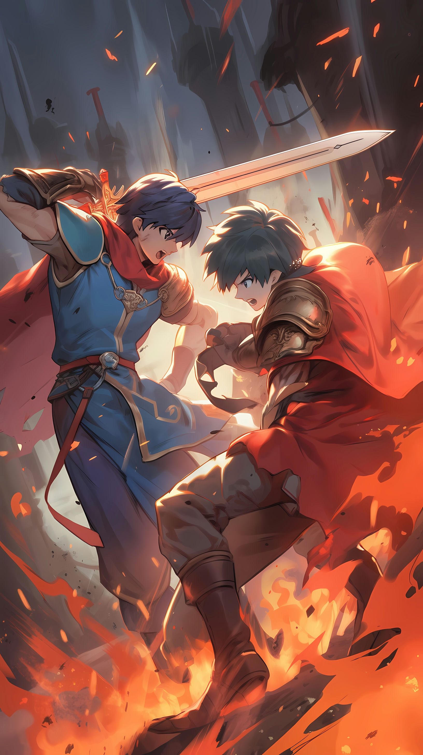 This anime wallpaper captures an intense battle scene from the Fire Emblem series