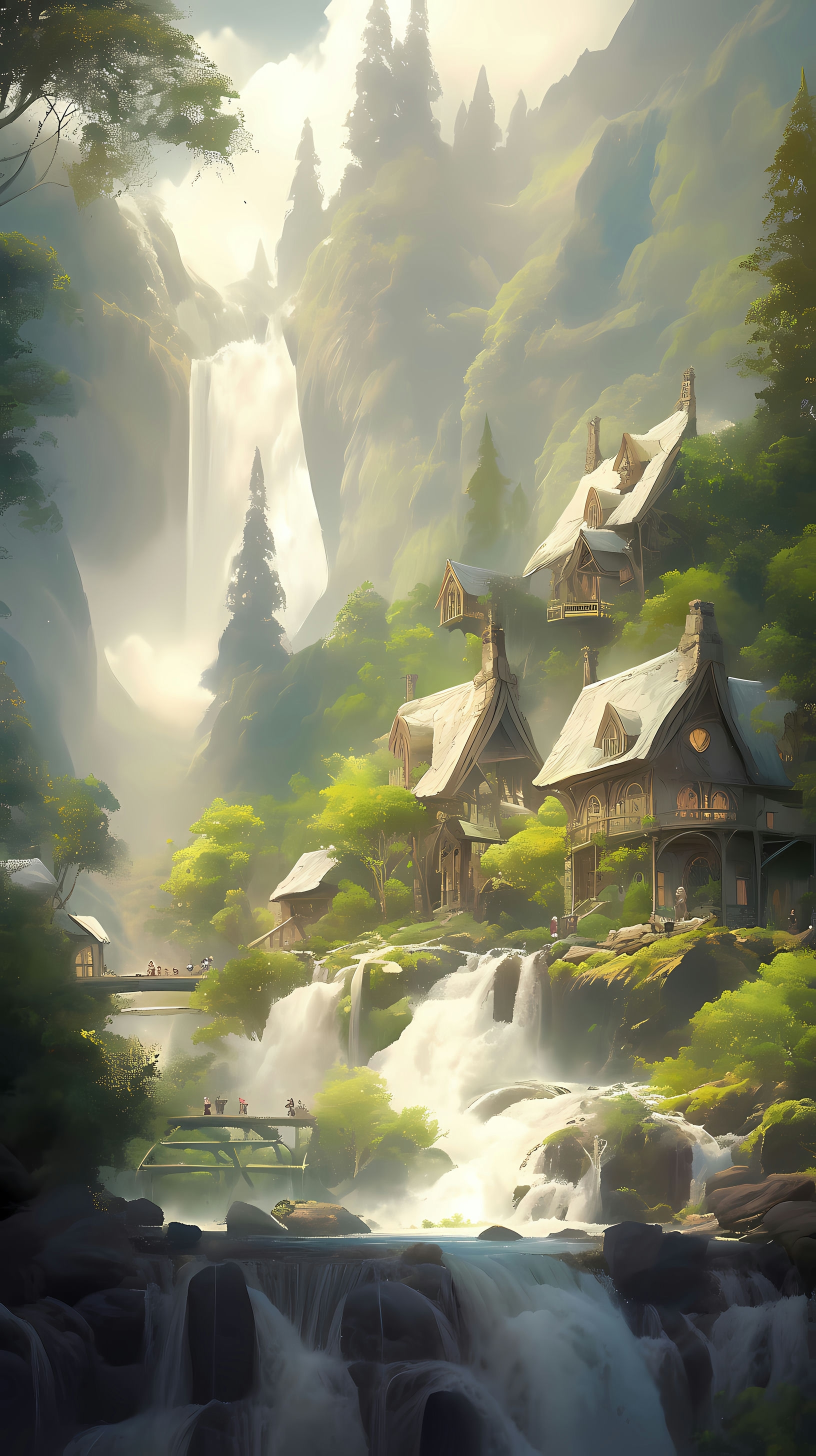 This enchanting anime wallpaper captures the serene beauty of Rivendell, a mystical elven haven nestled in a lush, green valley