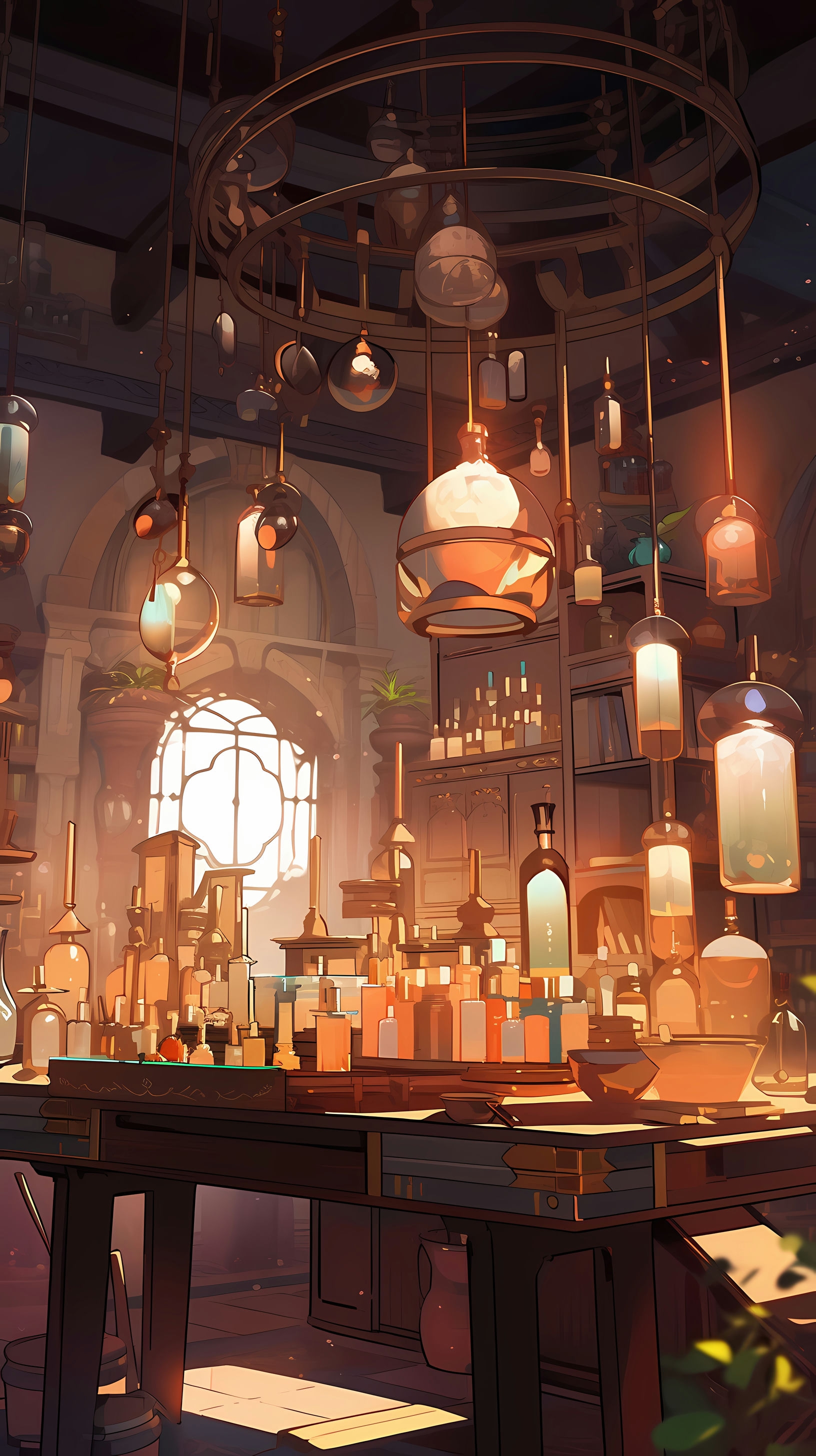 This anime wallpaper depicts an ancient alchemist's lab filled with mysterious potions and symbols