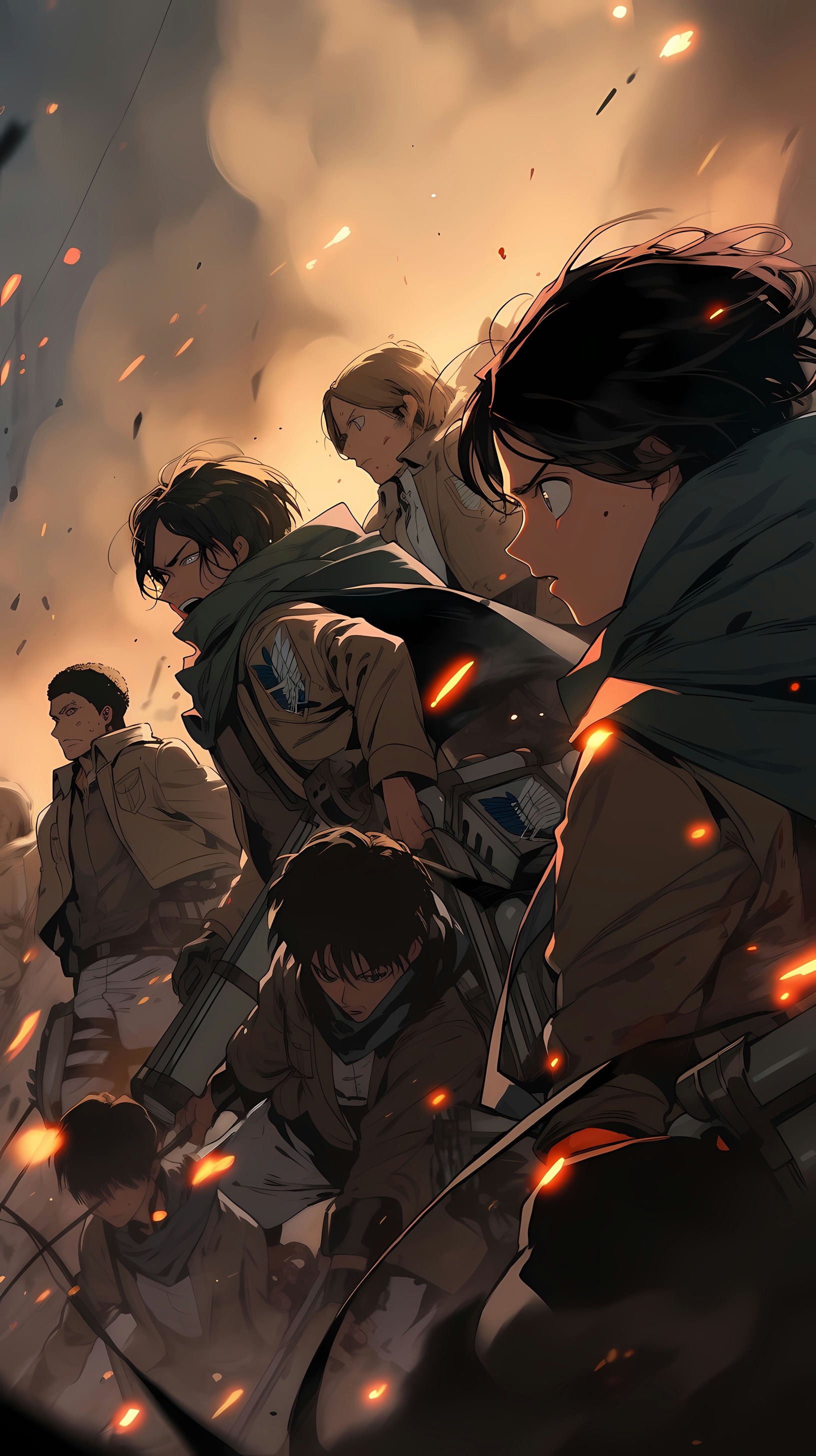 This anime wallpaper captures a dramatic scene from 'Attack on Titan,' showcasing the brave scouts preparing for an intense battle
