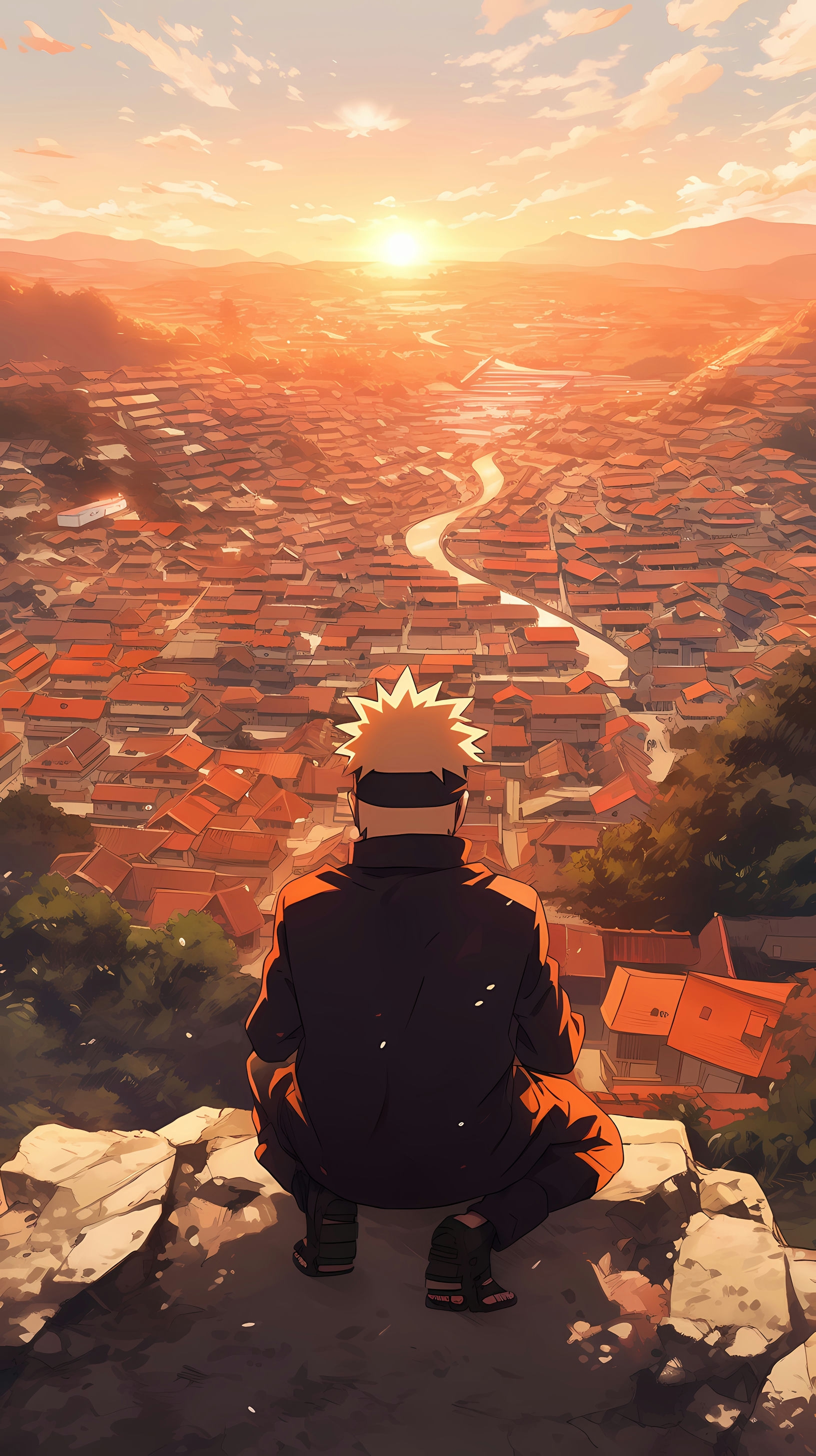 This captivating anime wallpaper features Naruto Uzumaki, the iconic protagonist from the popular series 'Naruto,' as he sits on a rocky outcrop overlooking the Hidden Leaf Village during a breathtaking sunset