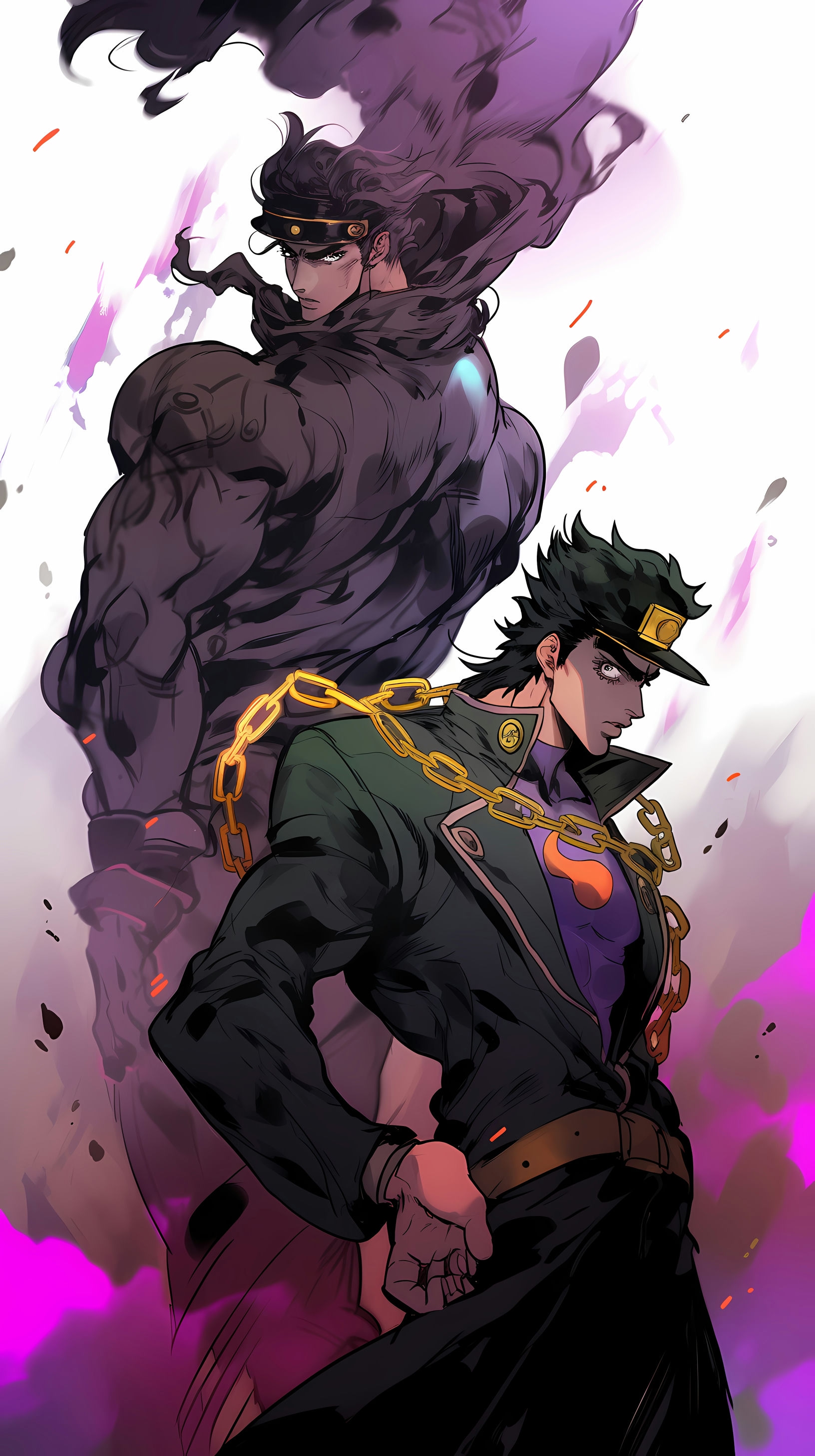 This anime wallpaper captures an intense battle scene from JoJo's Bizarre Adventure, featuring the iconic characters Jotaro Kujo and Dio Brando