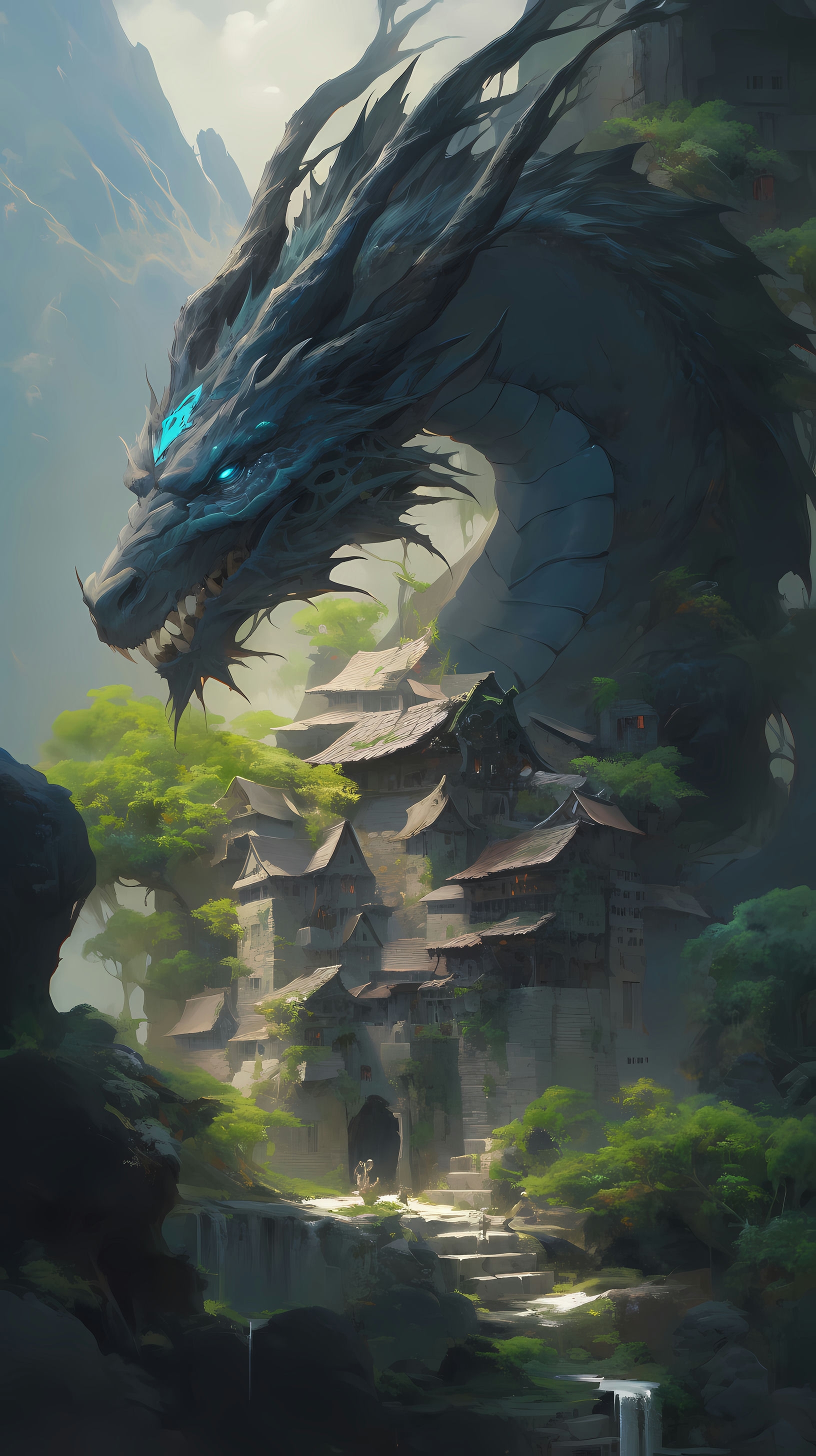 This anime wallpaper captures a breathtaking scene of a majestic dragon perched atop a rocky cliff