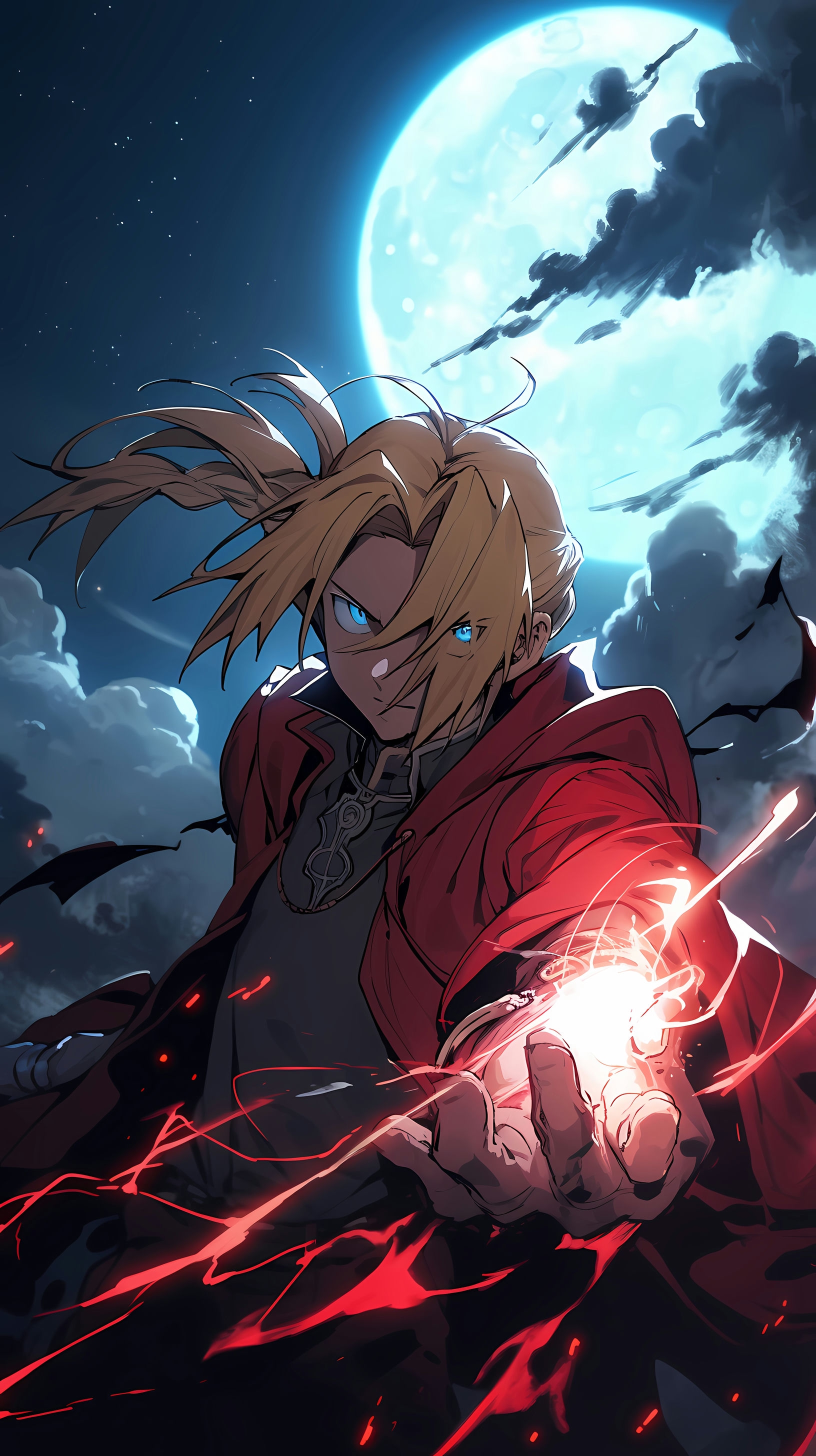 This captivating anime wallpaper features Edward Elric, the iconic protagonist from Fullmetal Alchemist, in a dramatic pose