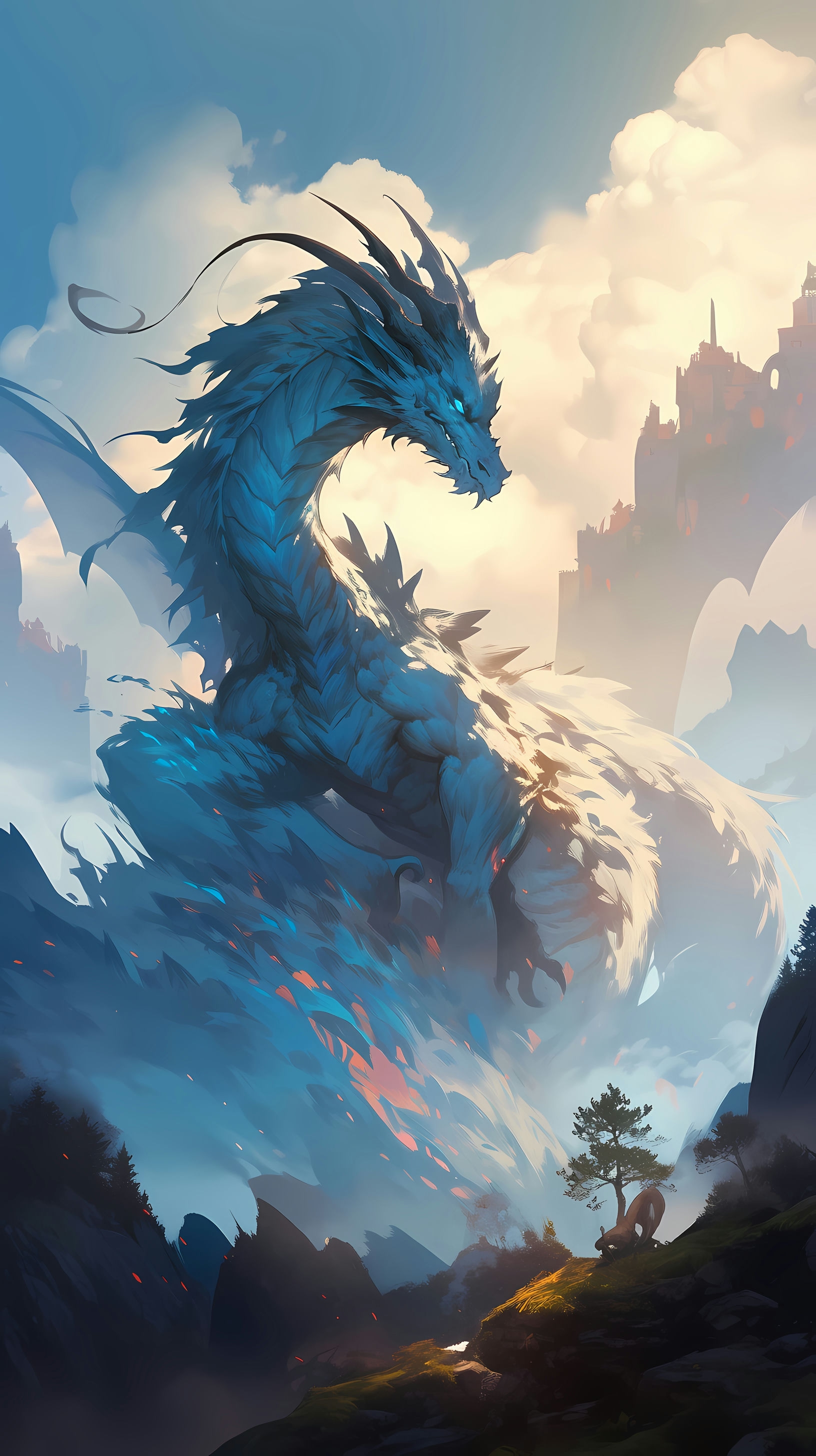 This captivating anime wallpaper showcases a majestic blue dragon perched atop a mountain, exuding an aura of power and mystique