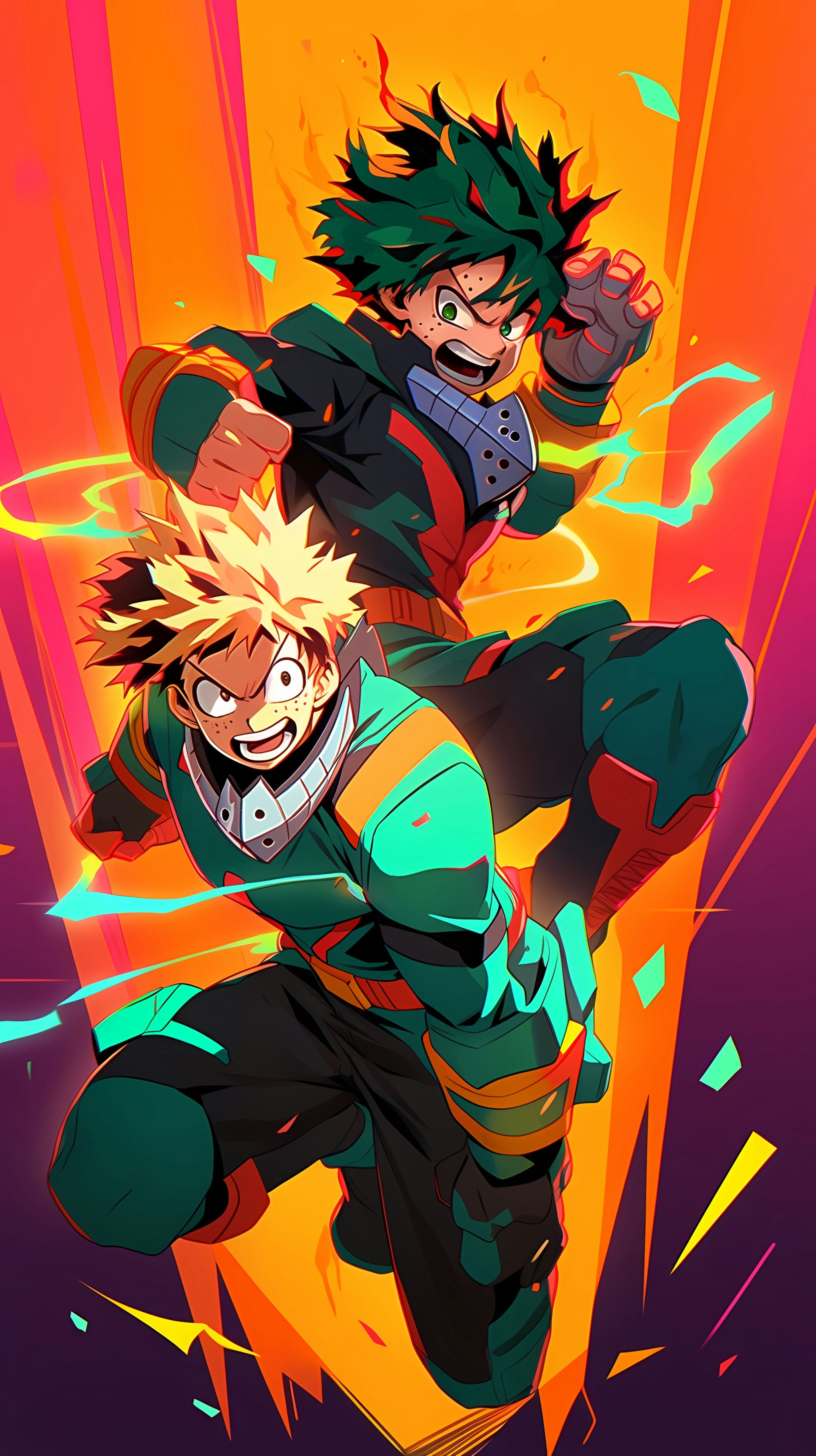 This vibrant anime wallpaper captures the iconic duo, Izuku Midoriya (Deku) and All Might, from the popular series 'My Hero Academia