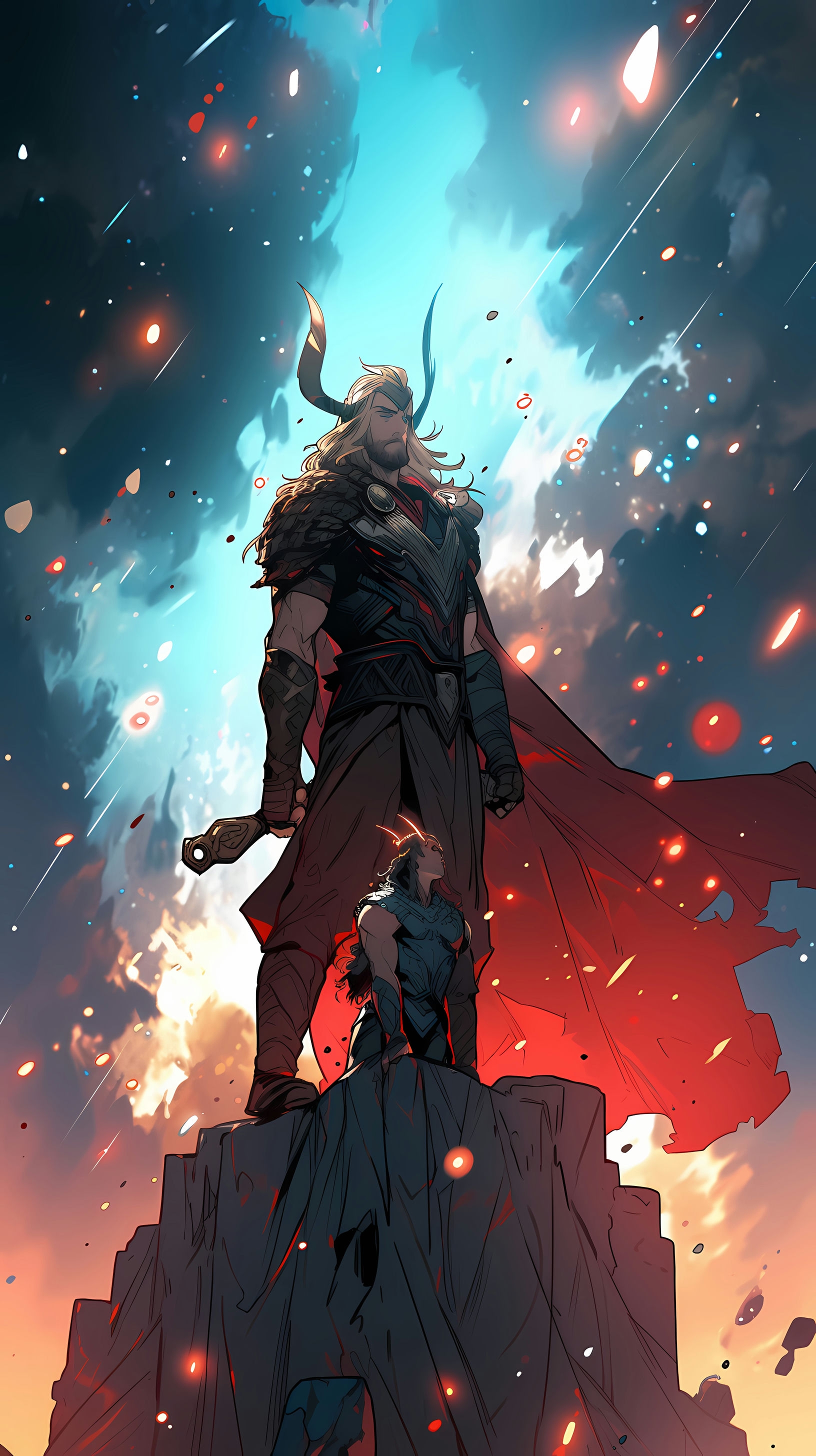 This anime wallpaper captures the mighty Thor, the God of Thunder, standing majestically atop a rocky outcrop in Asgard