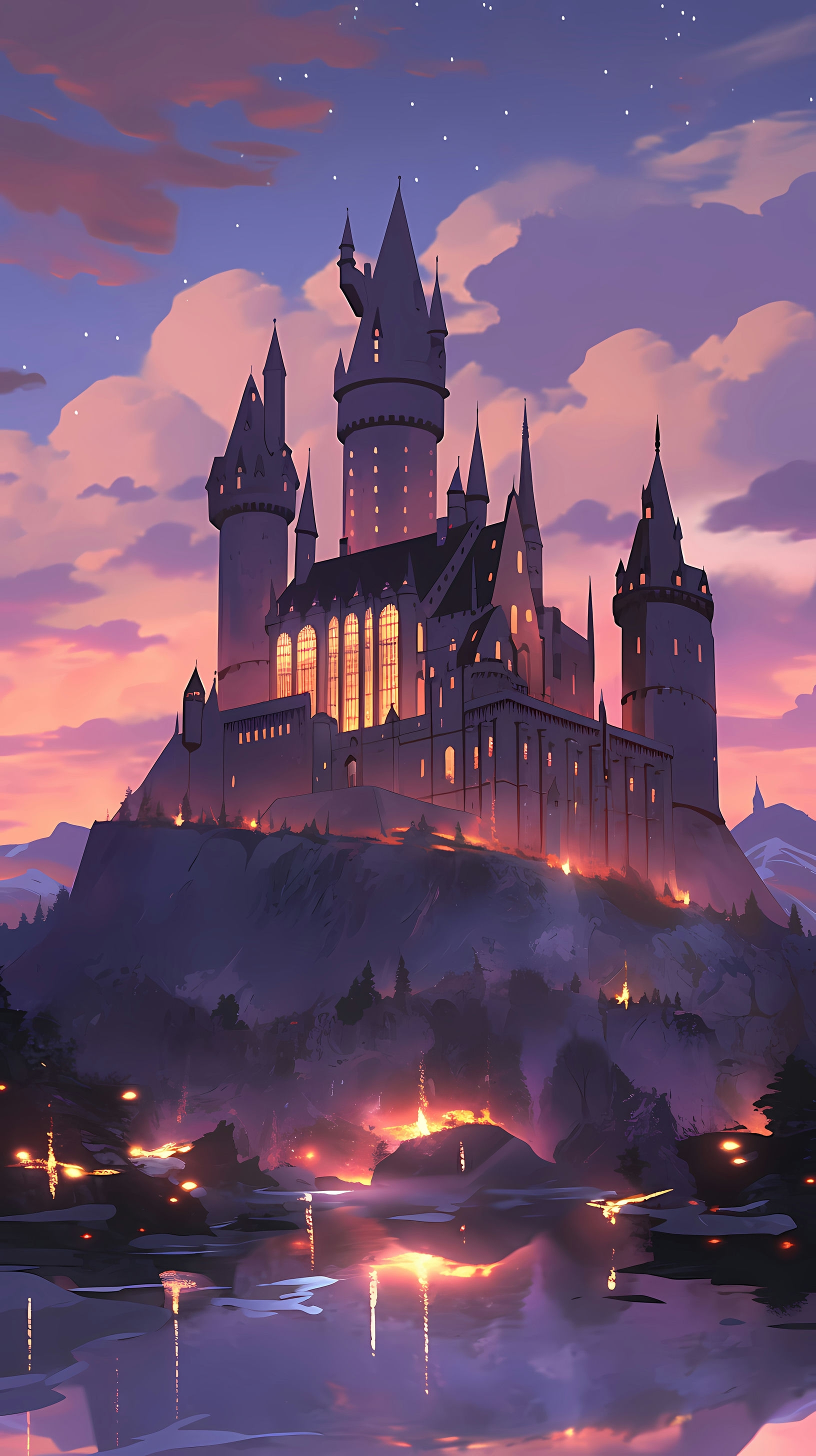 This enchanting anime wallpaper captures the iconic Hogwarts Castle at dusk, bathed in a warm, golden glow