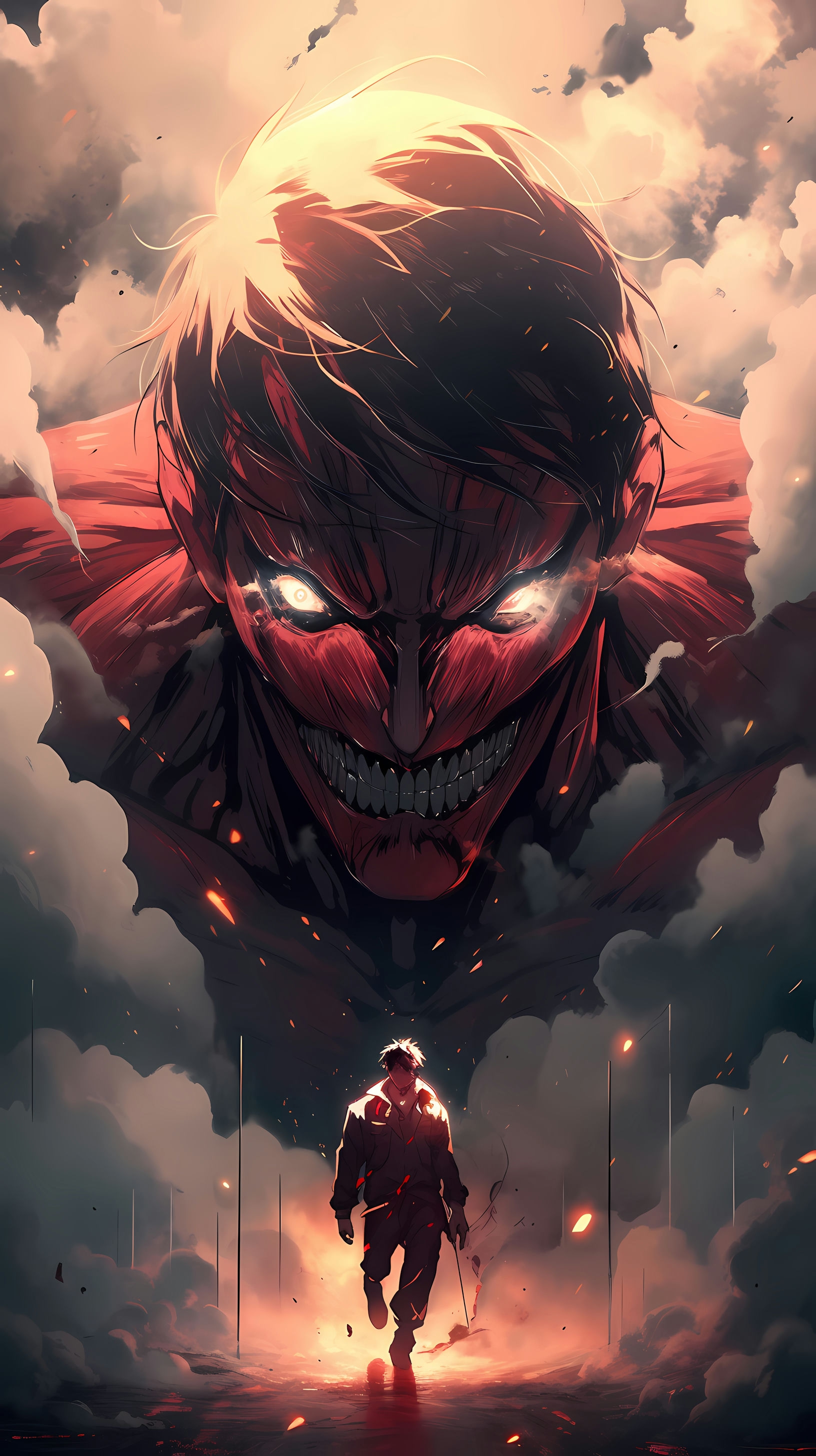 This captivating anime wallpaper features Eren Yeager, the protagonist of Attack on Titan, standing defiantly against a towering Colossal Titan