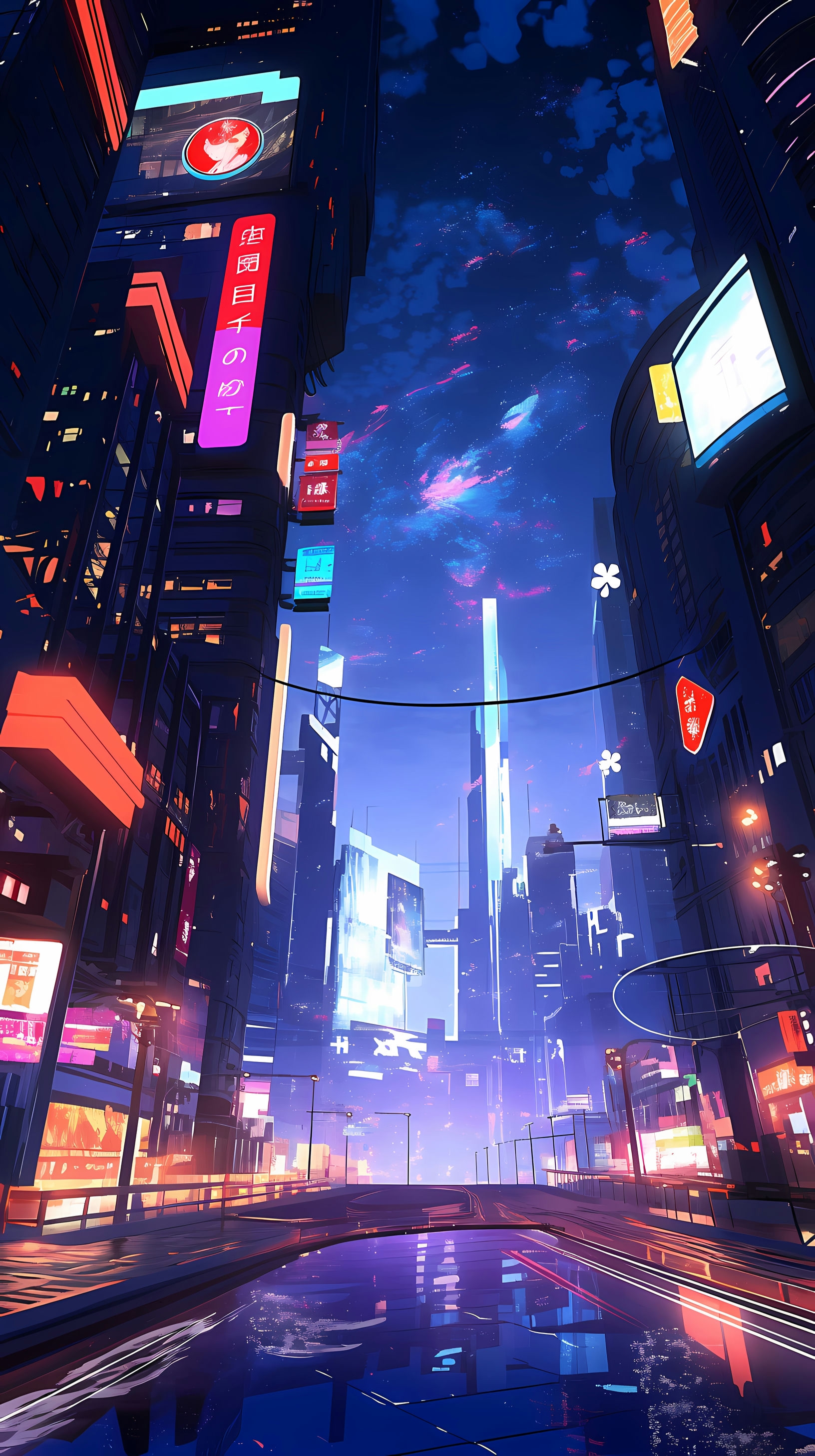 This anime wallpaper captures the futuristic and neon-lit cityscape of Tokyo-3 from the iconic series Neon Genesis Evangelion