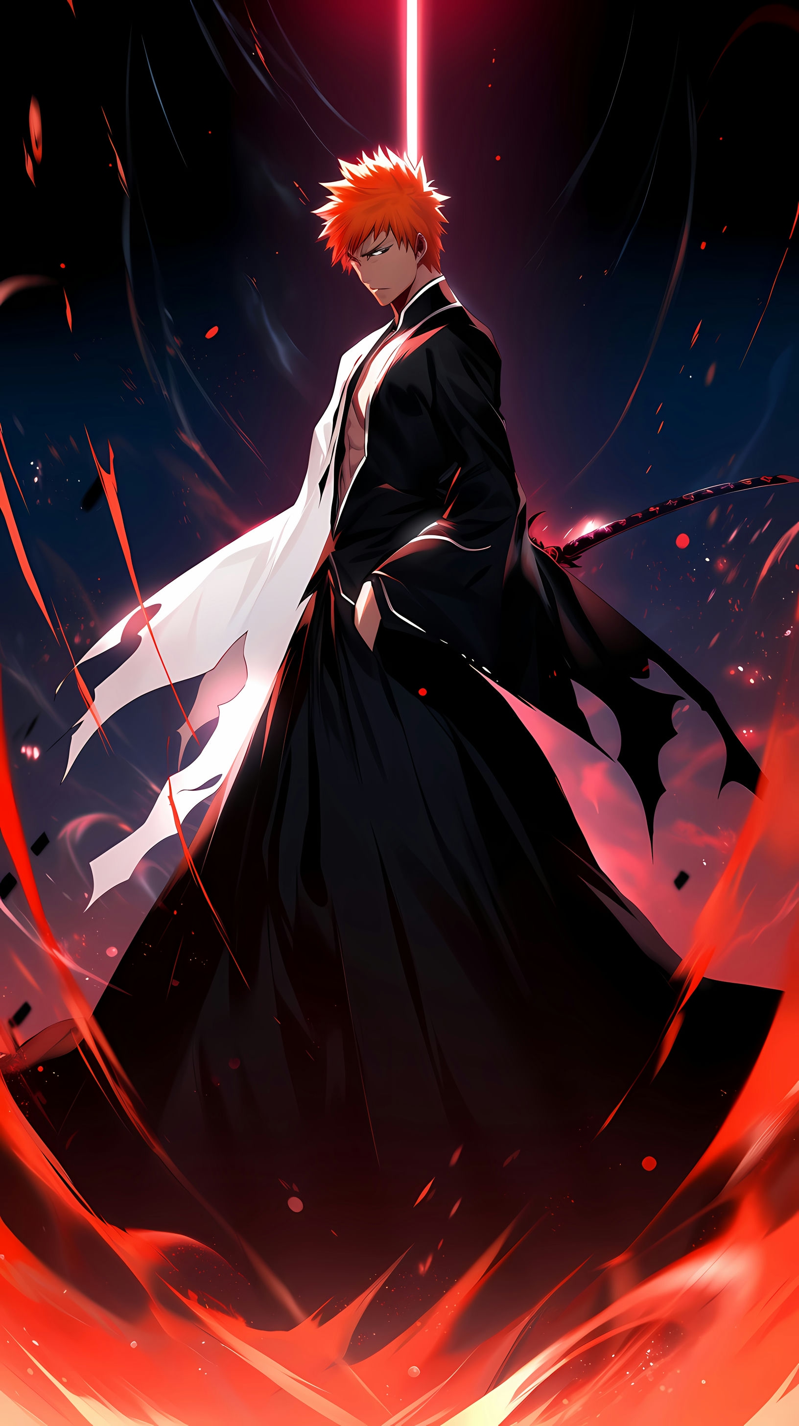 This anime wallpaper features Ichigo Kurosaki, the protagonist of Bleach, standing confidently in the Soul Society