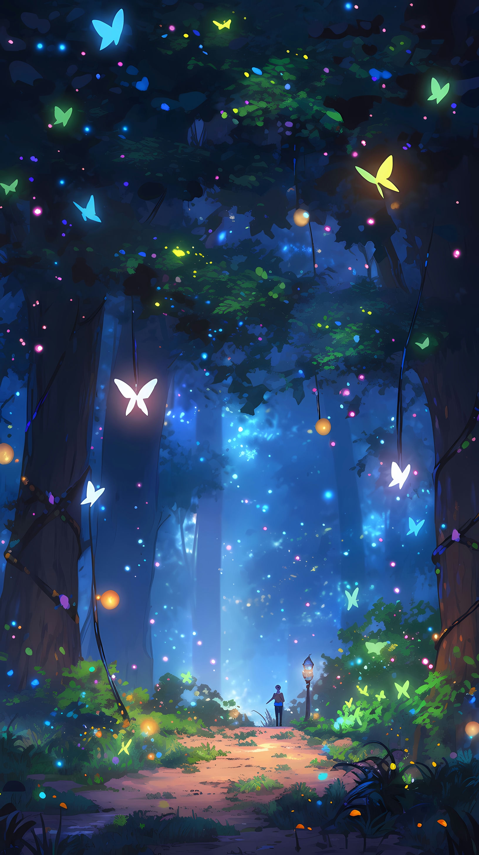 This enchanting anime wallpaper depicts a serene forest illuminated by the soft glow of fireflies and ethereal light