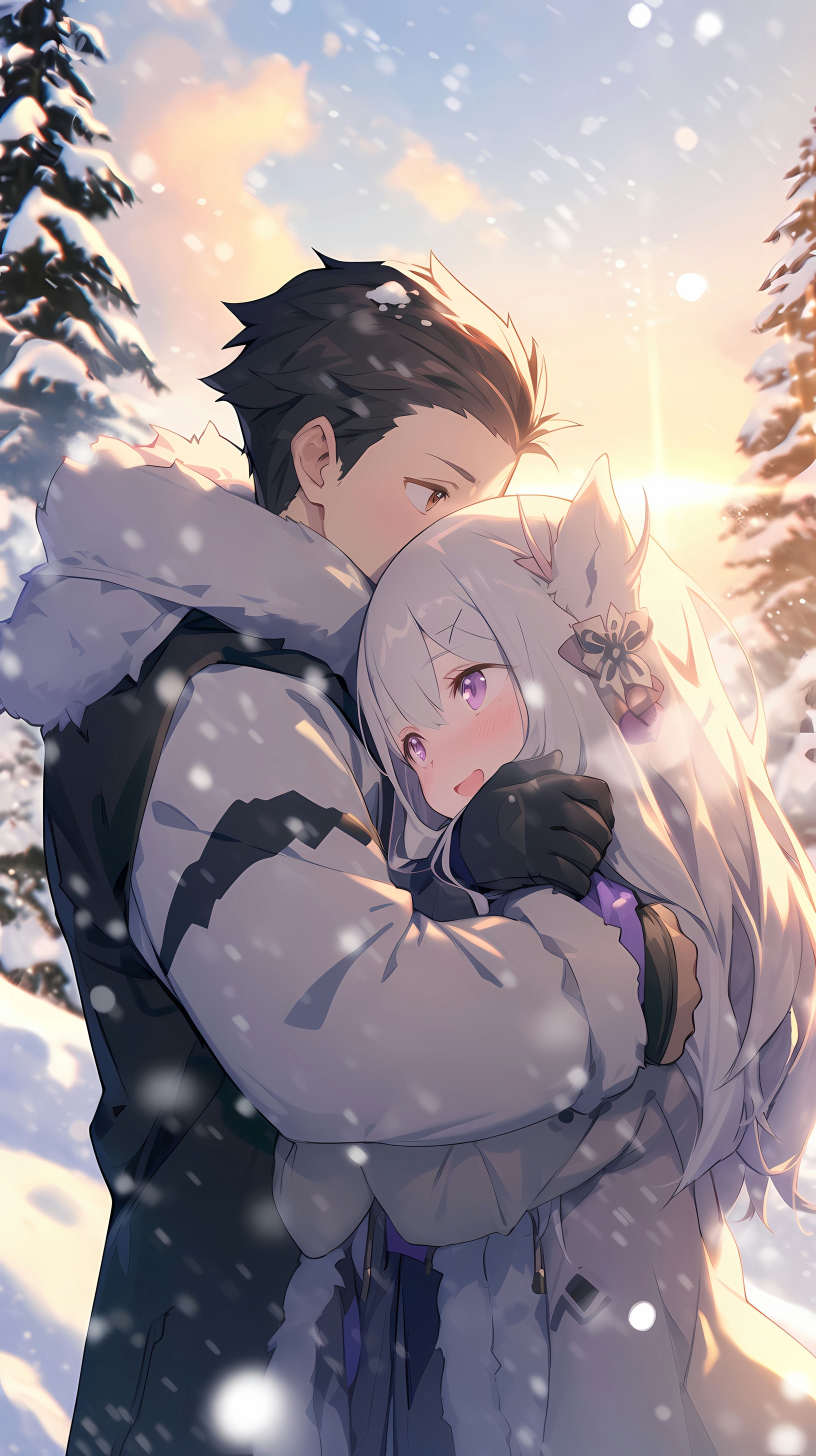 This enchanting anime wallpaper captures a tender moment between Subaru Natsuki and Emilia in a serene winter landscape from the popular series 'Re:Zero - Starting Life in Another World