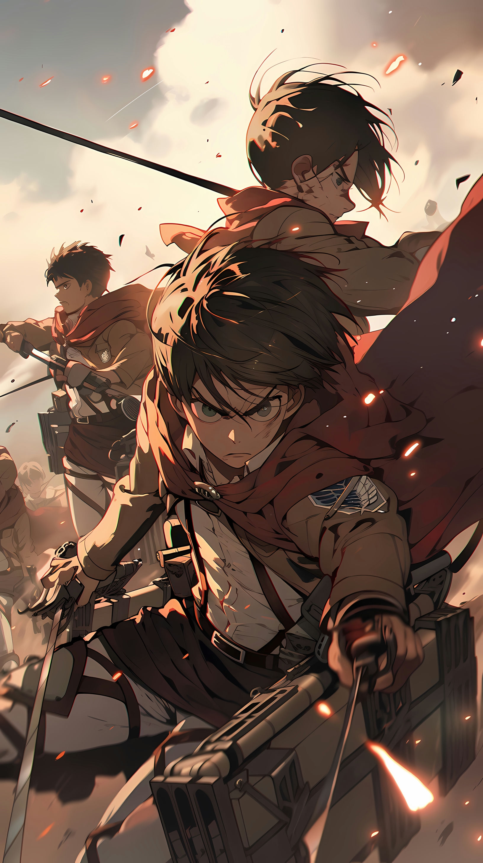This anime wallpaper captures the intense and dramatic moment before a battle in the popular series 'Attack on Titan