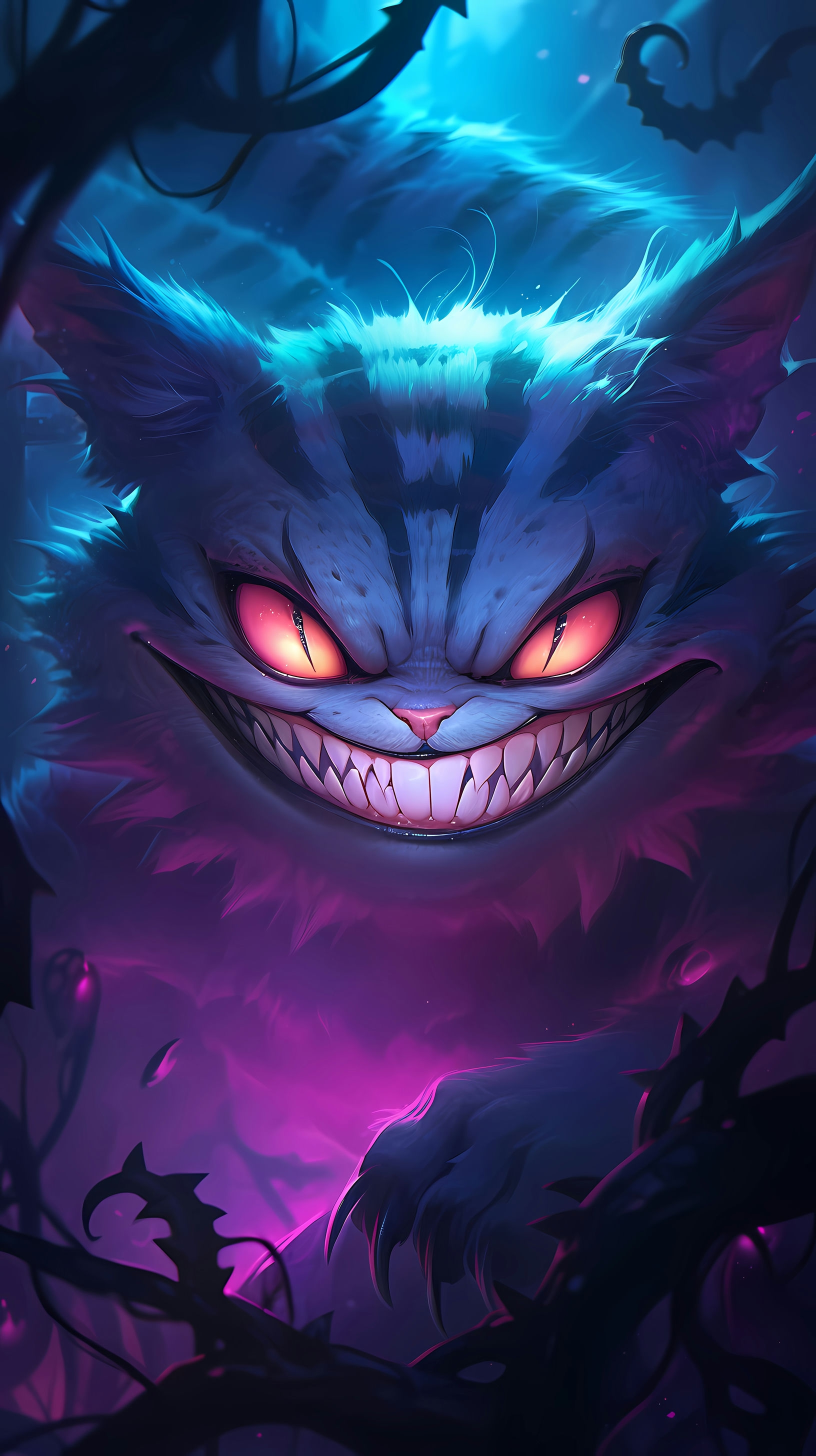 This anime wallpaper features a mesmerizing depiction of the iconic Cheshire Cat from Alice in Wonderland