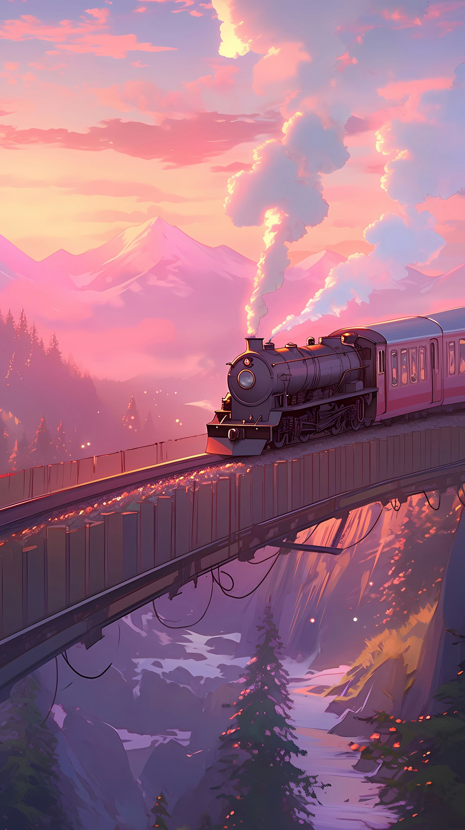 This enchanting anime wallpaper captures the iconic view from the Hogwarts Express as it crosses a bridge over a serene body of water