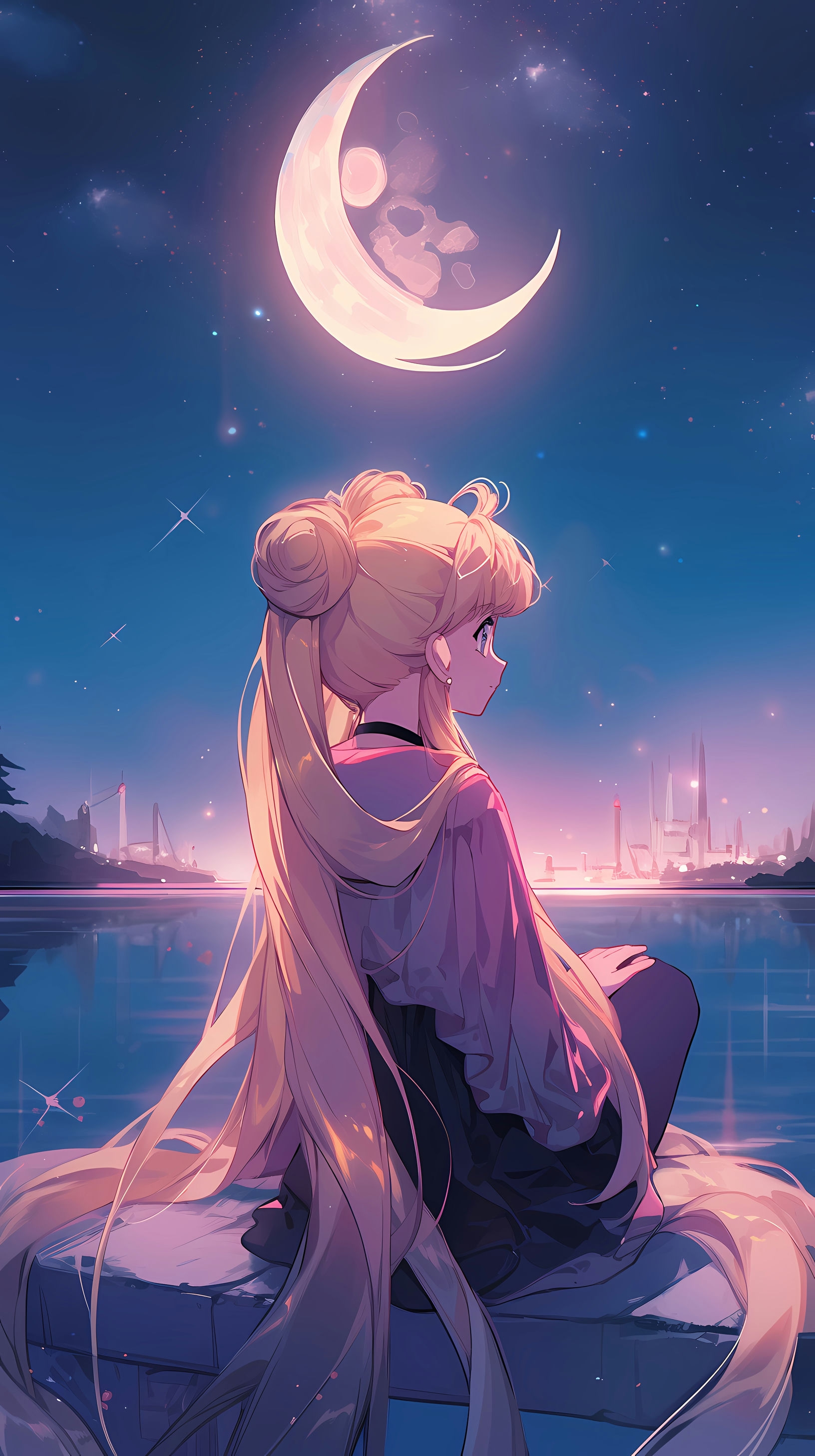This enchanting anime wallpaper features Sailor Moon, the iconic protagonist from the beloved 'Sailor Moon' series, as she gazes at a moonlit sea