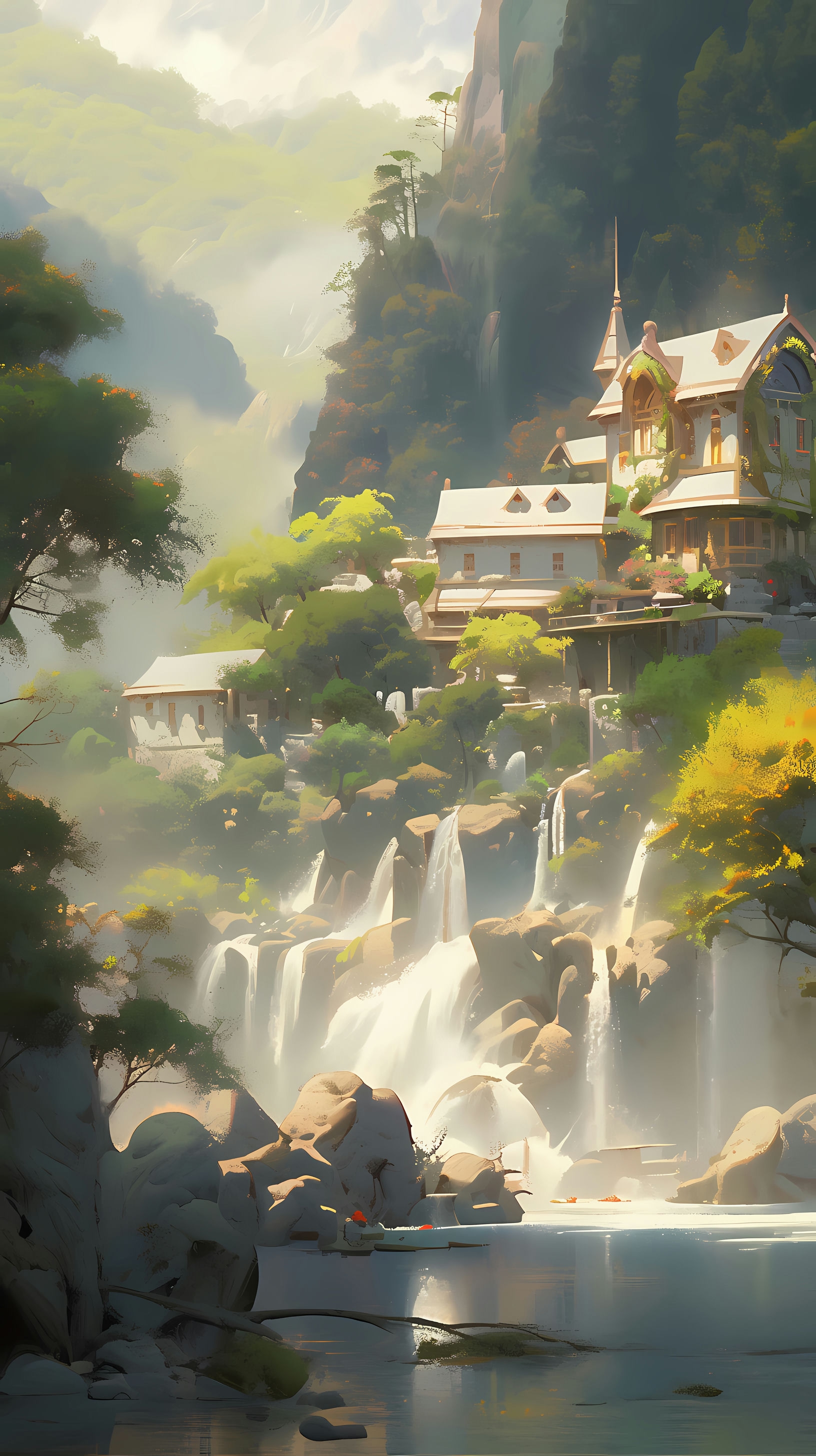 This enchanting anime wallpaper captures the serene beauty of Rivendell, a mystical elven sanctuary nestled in a lush, green valley
