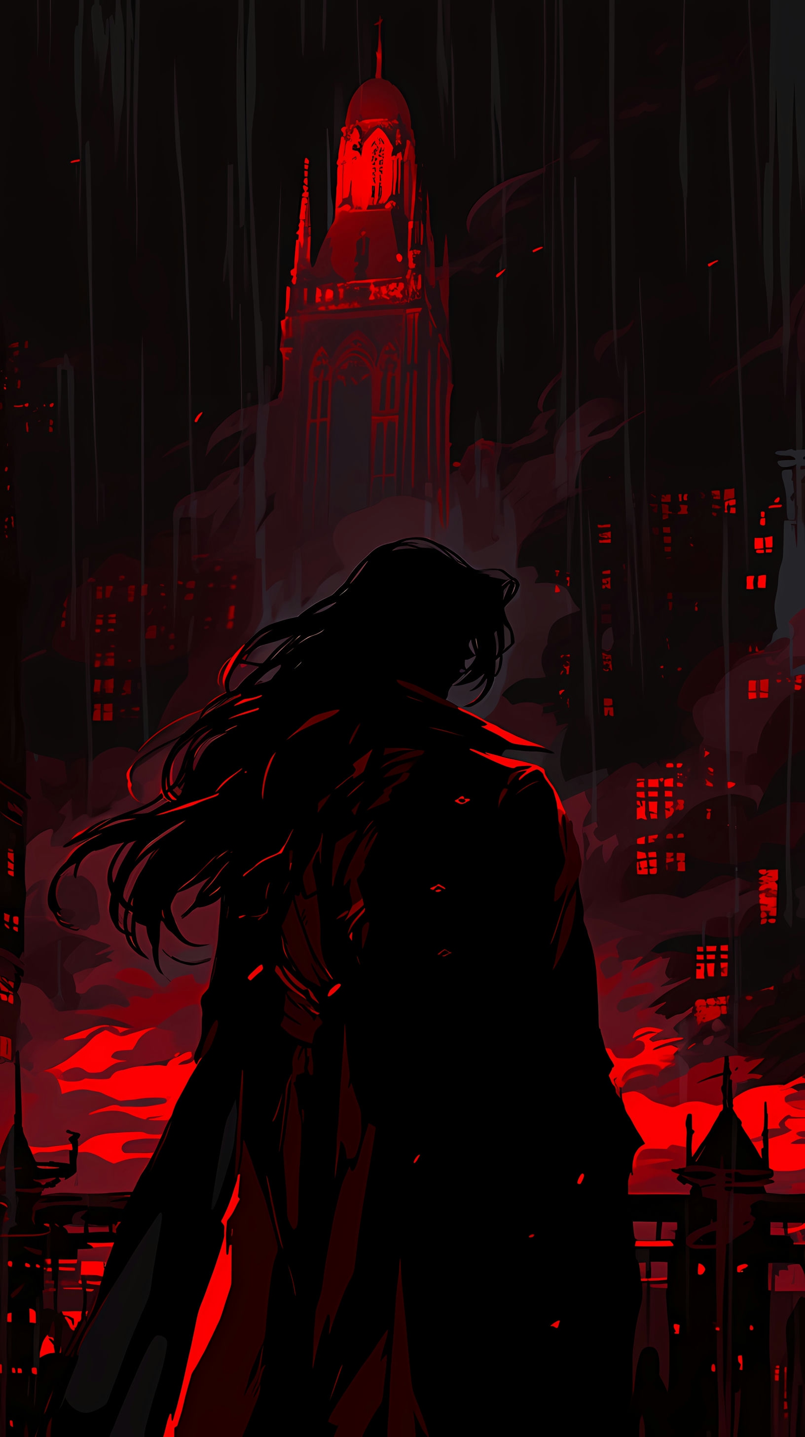This captivating anime wallpaper features the iconic character Alucard from the Hellsing series, set against a dark and atmospheric cityscape