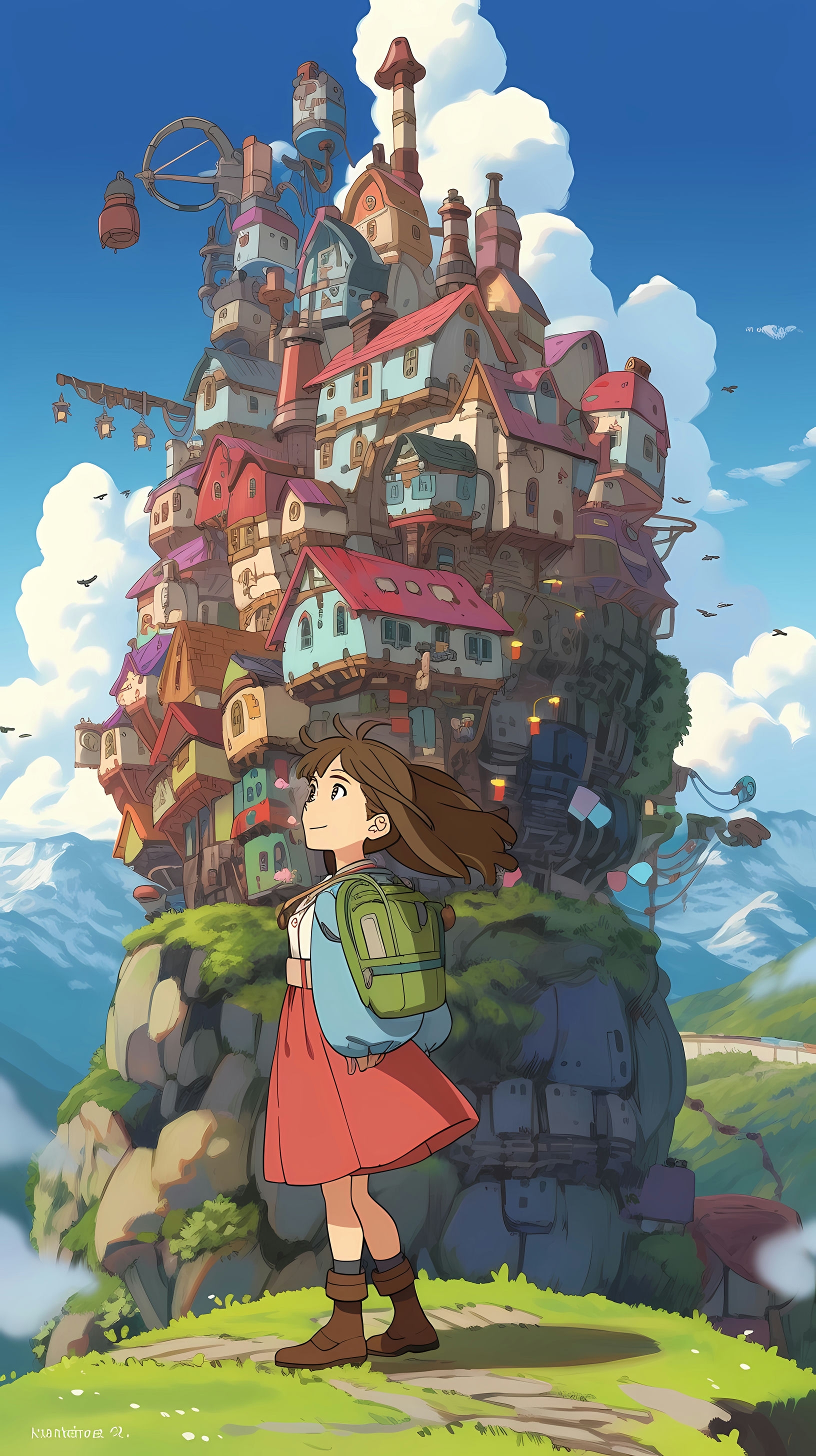 This enchanting anime wallpaper captures a moment from Studio Ghibli's beloved film 'Howl's Moving Castle