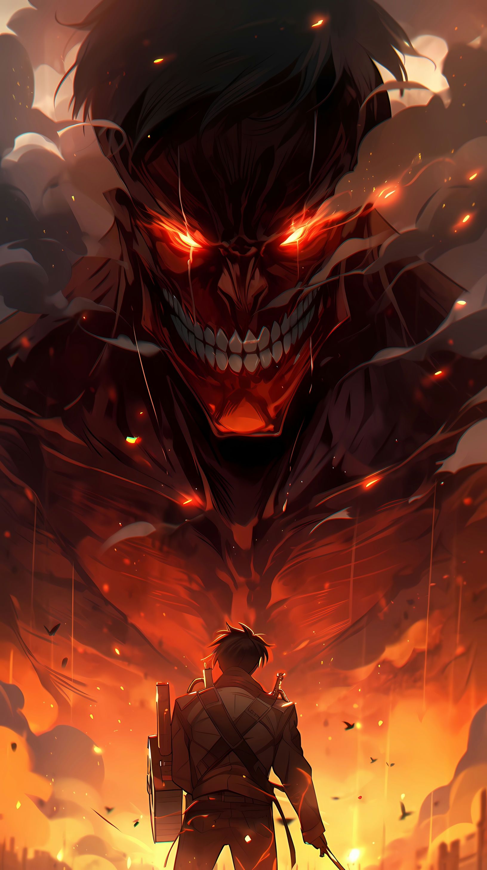This anime wallpaper captures a dramatic and intense moment from the popular series 'Attack on Titan