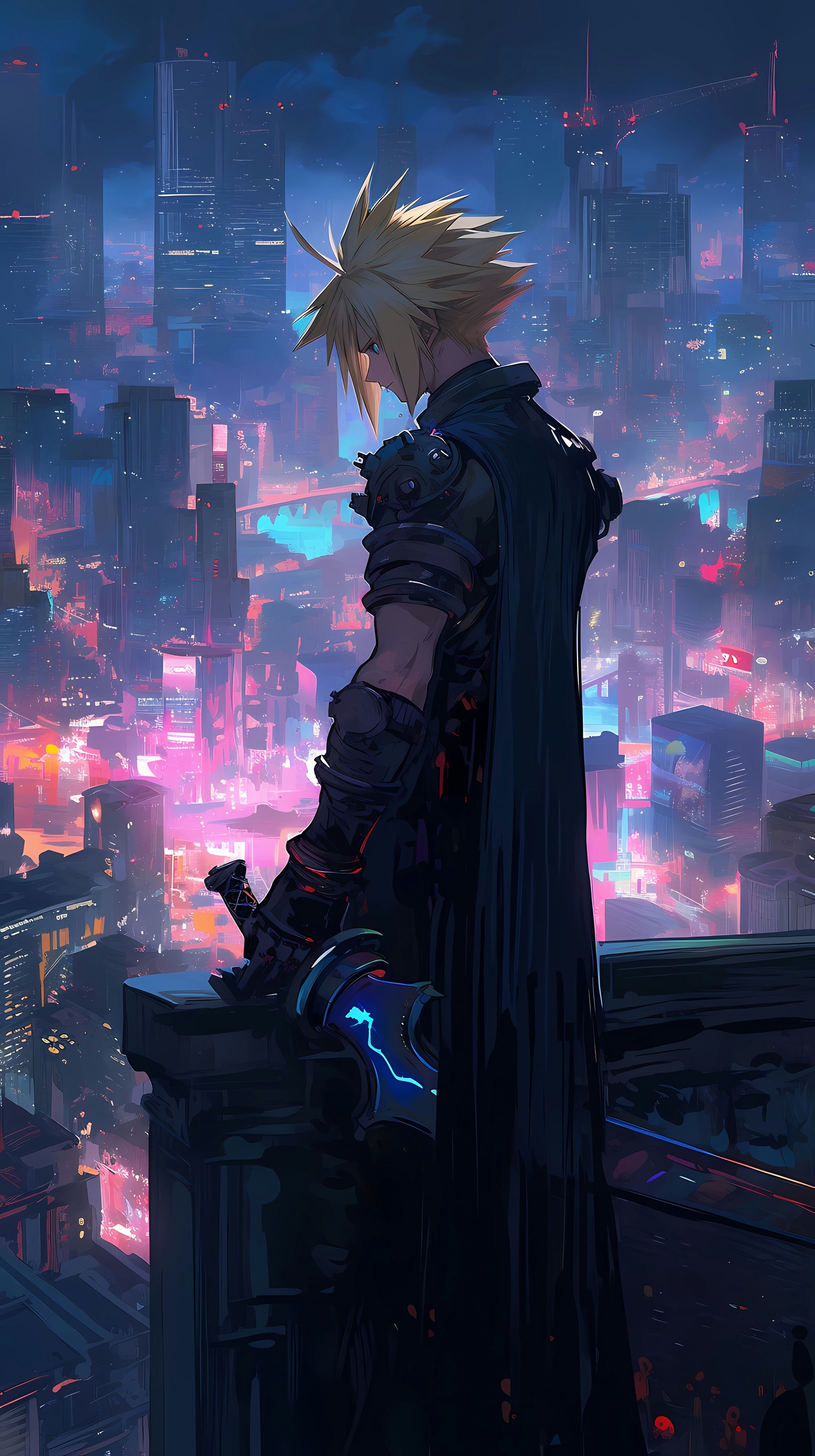 This captivating anime wallpaper features Cloud Strife, the iconic protagonist from Final Fantasy VII, standing atop a futuristic cityscape