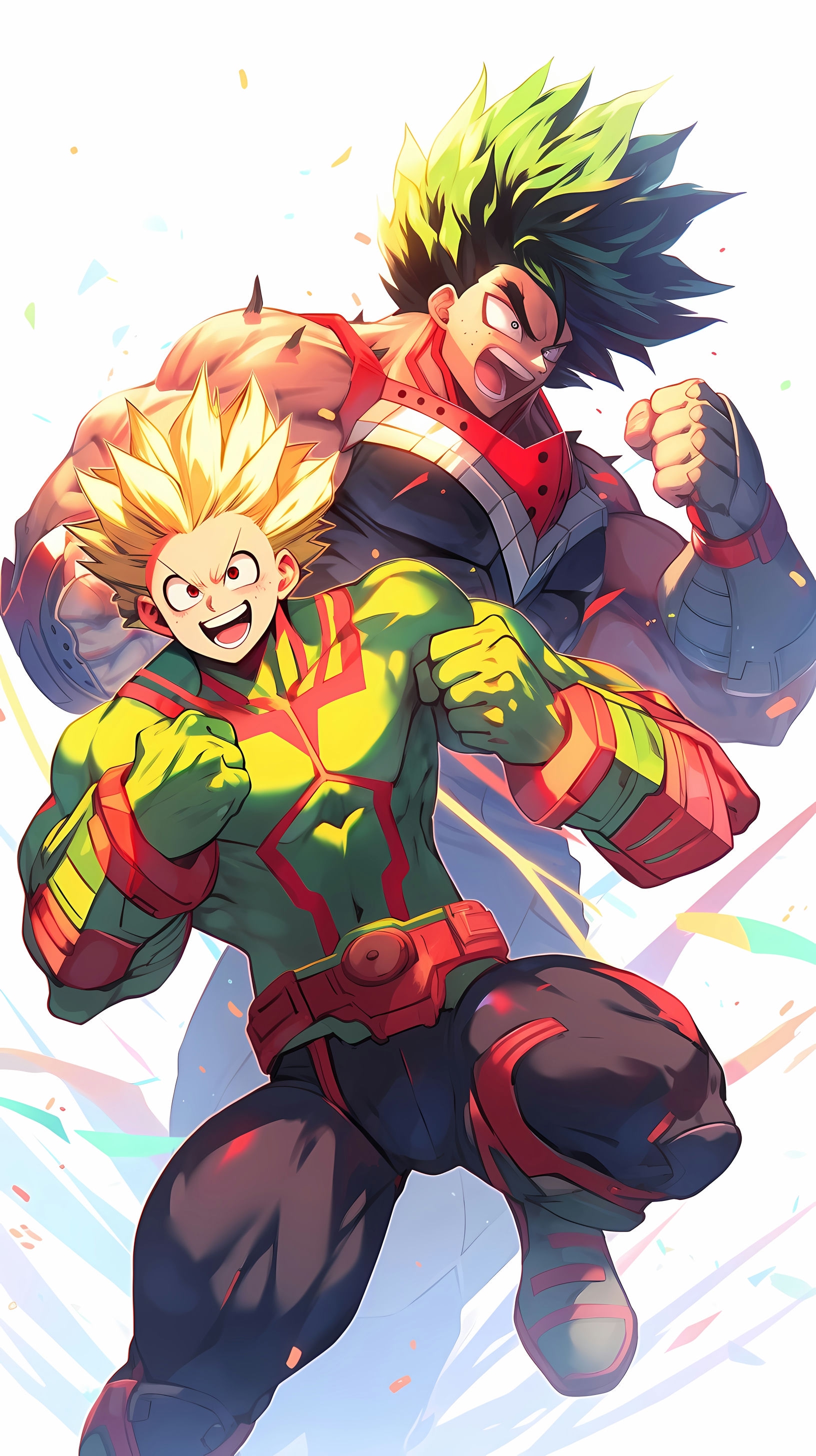 This anime wallpaper features the iconic duo Izuku Midoriya, also known as Deku, and his mentor All Might, from the popular series My Hero Academia