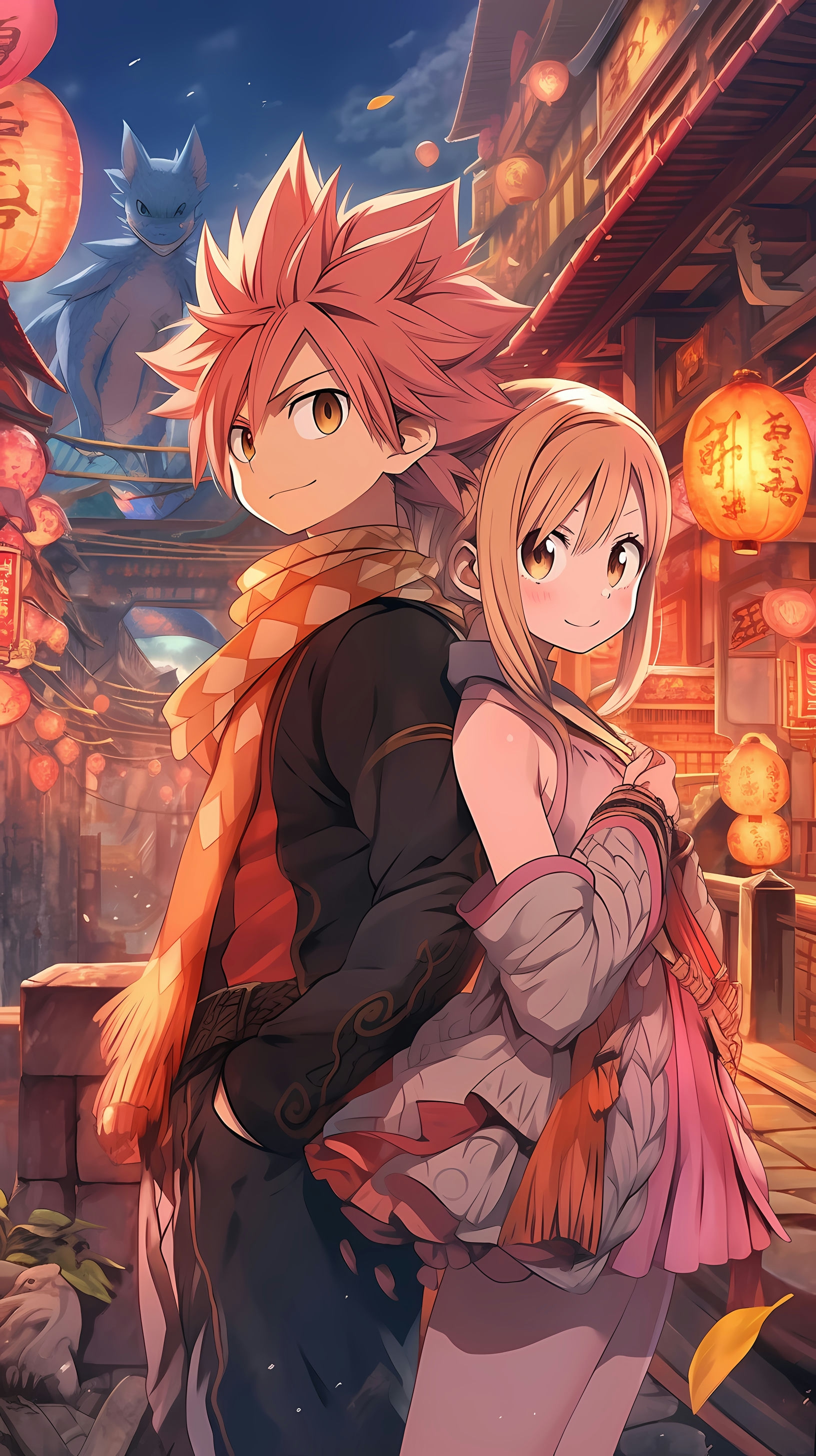 This enchanting anime wallpaper features the iconic duo, Natsu Dragneel and Lucy Heartfilia, from the popular series Fairy Tail