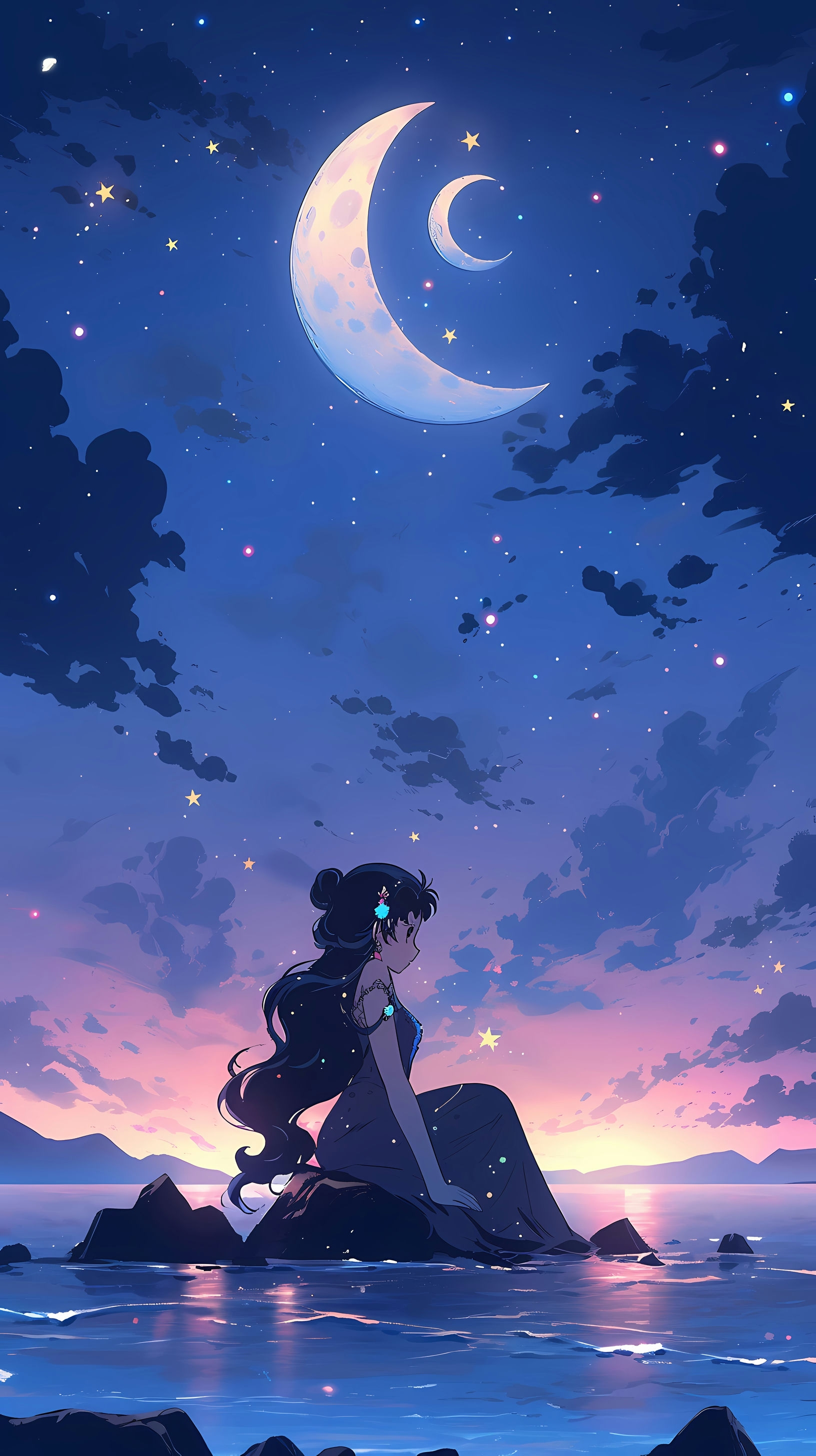 This enchanting anime wallpaper captures the iconic Sailor Moon in a serene moment by the sea under a moonlit sky