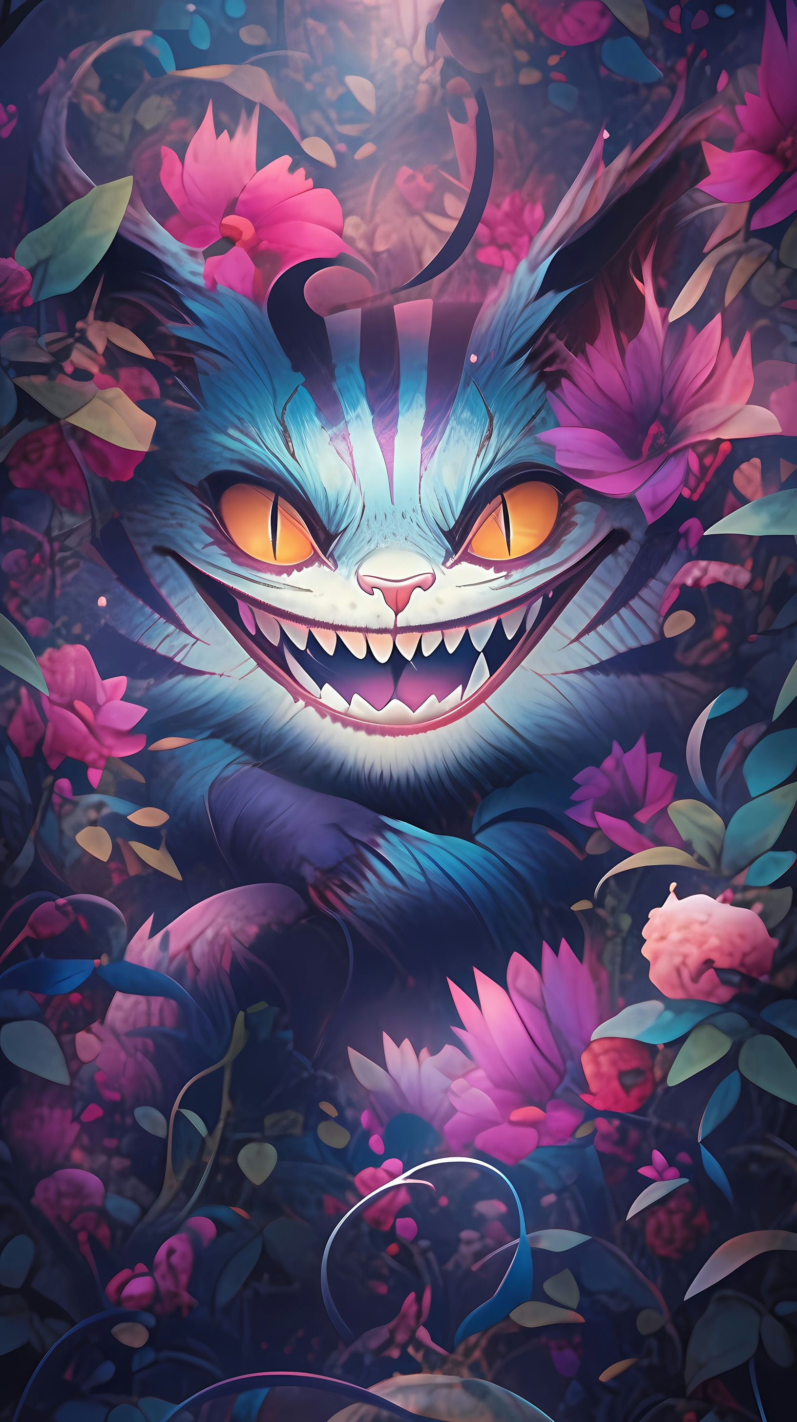 This anime wallpaper features the iconic Cheshire Cat from Alice in Wonderland, showcasing its signature wide, mischievous grin amidst a vibrant, whimsical backdrop