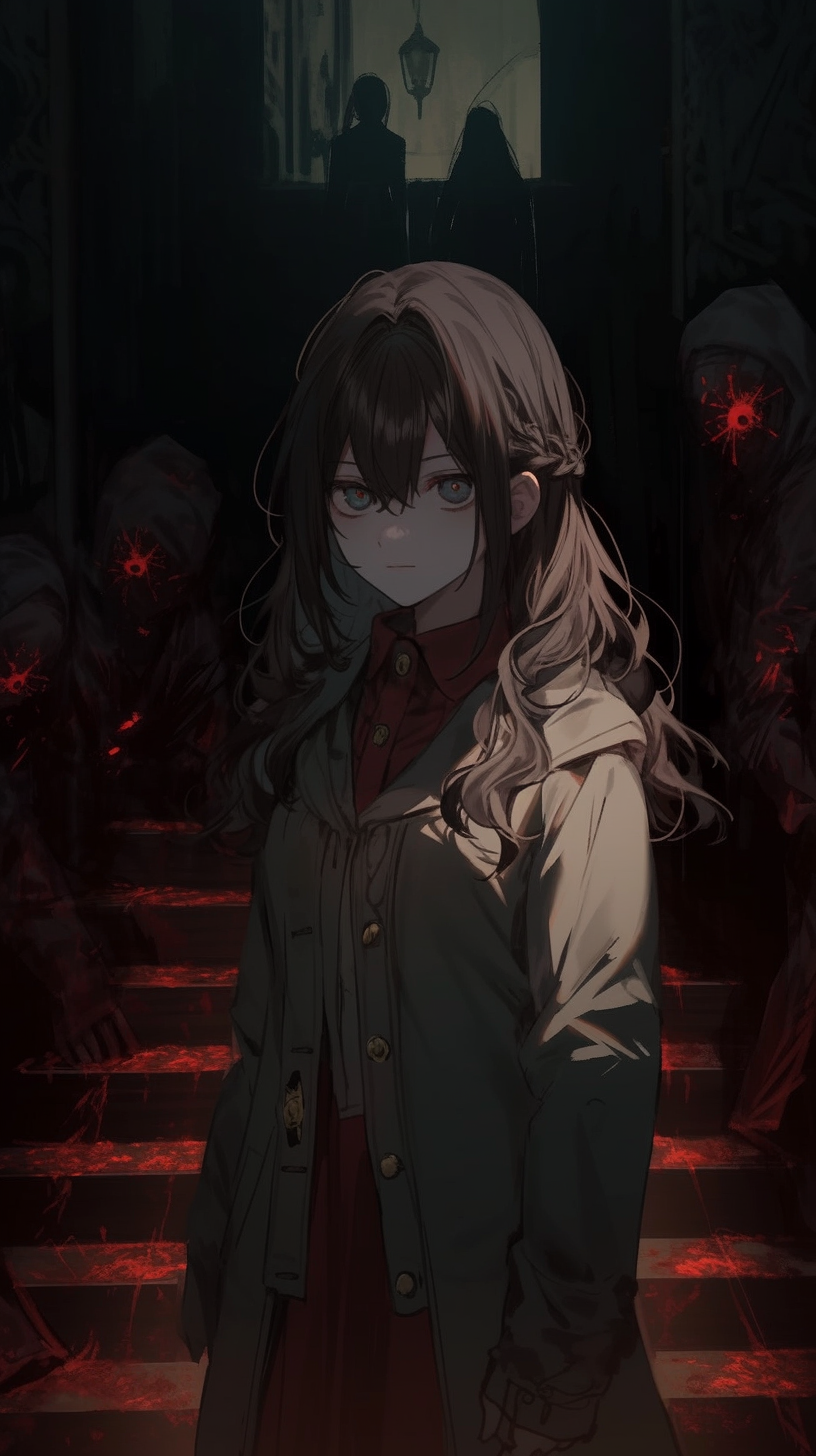 This anime wallpaper features a mysterious and intriguing character named Mei, standing in a dimly lit, eerie environment