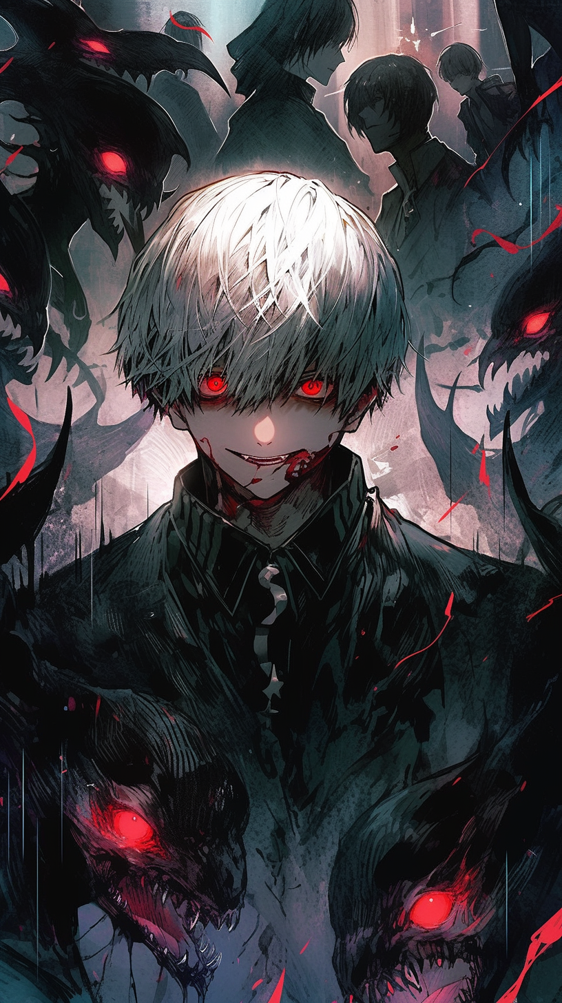 This anime wallpaper captures the intense and haunting essence of Kaneki Ken, a central character from the popular series 'Tokyo Ghoul'