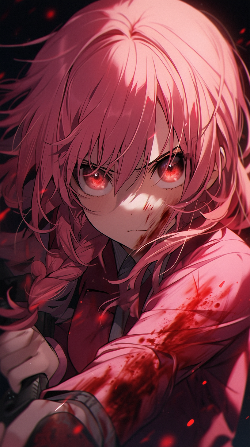 This anime wallpaper features the iconic character Yuno Gasai from the psychological thriller series 'Mirai Nikki' (Future Diary)