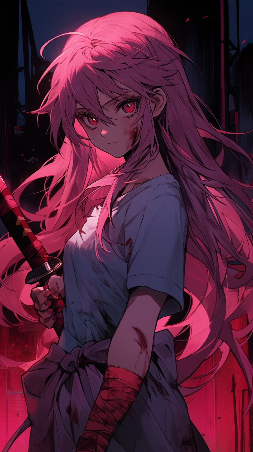 This anime wallpaper features Yuno Gasai, a character known for her complex and intense personality