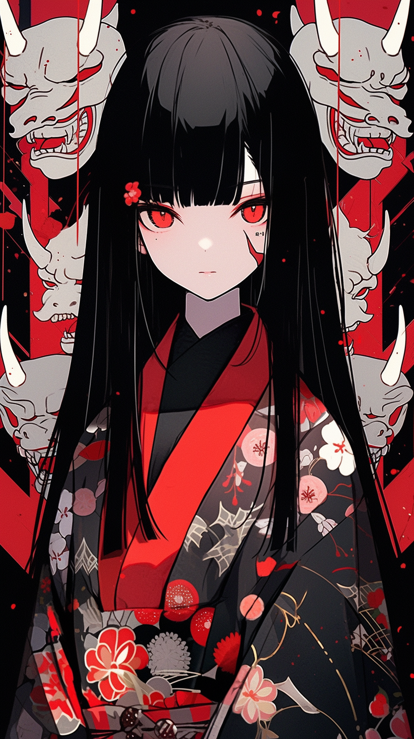 This anime wallpaper features a striking image of a young girl with long black hair and piercing red eyes