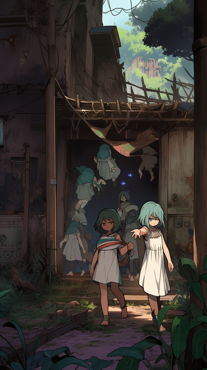This anime wallpaper depicts a hauntingly eerie and unsettling village scene