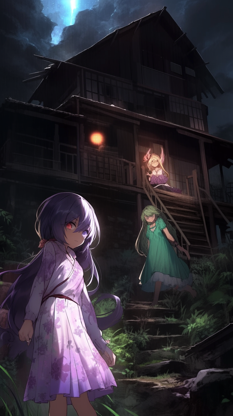 This anime wallpaper captures a hauntingly beautiful scene set in a dimly lit, eerie forest