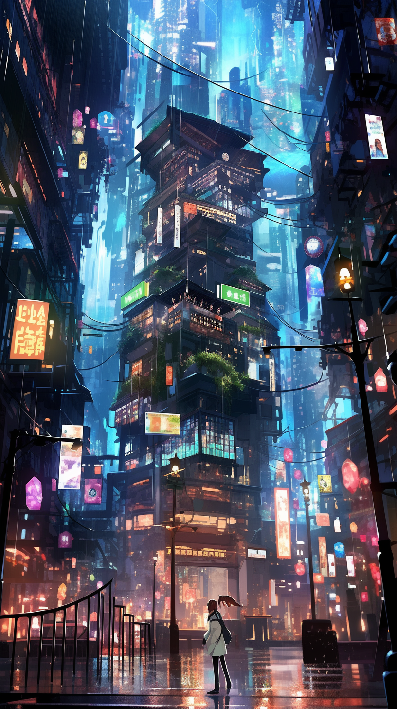 This anime wallpaper captures the essence of a futuristic, cyberpunk cityscape from the series 'Psycho-Pass