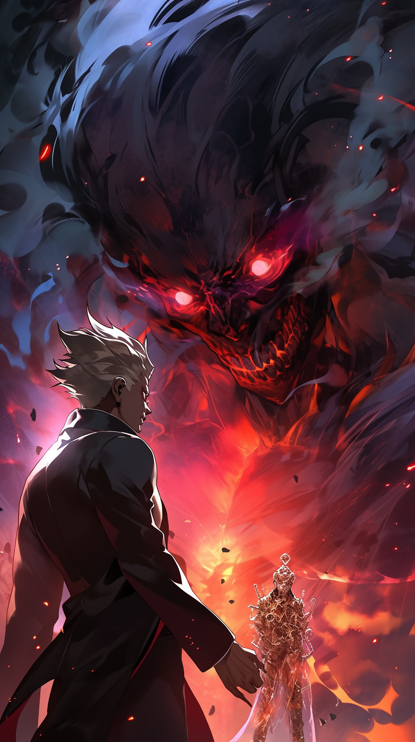 This anime wallpaper captures a dramatic and intense moment between a mysterious figure and a fearsome beast