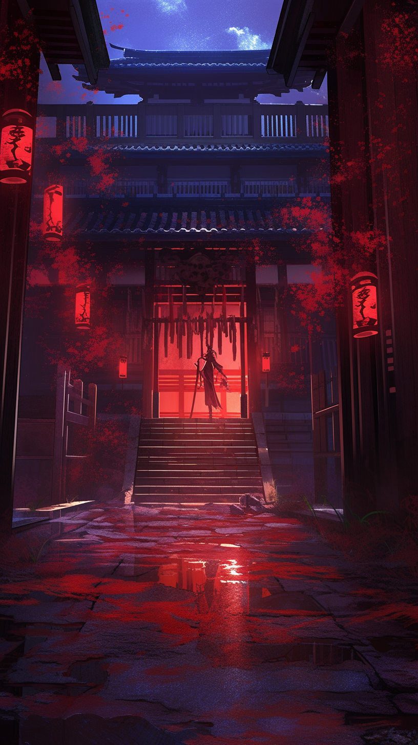 This anime wallpaper captures a hauntingly beautiful scene of a gothic building bathed in an eerie red light