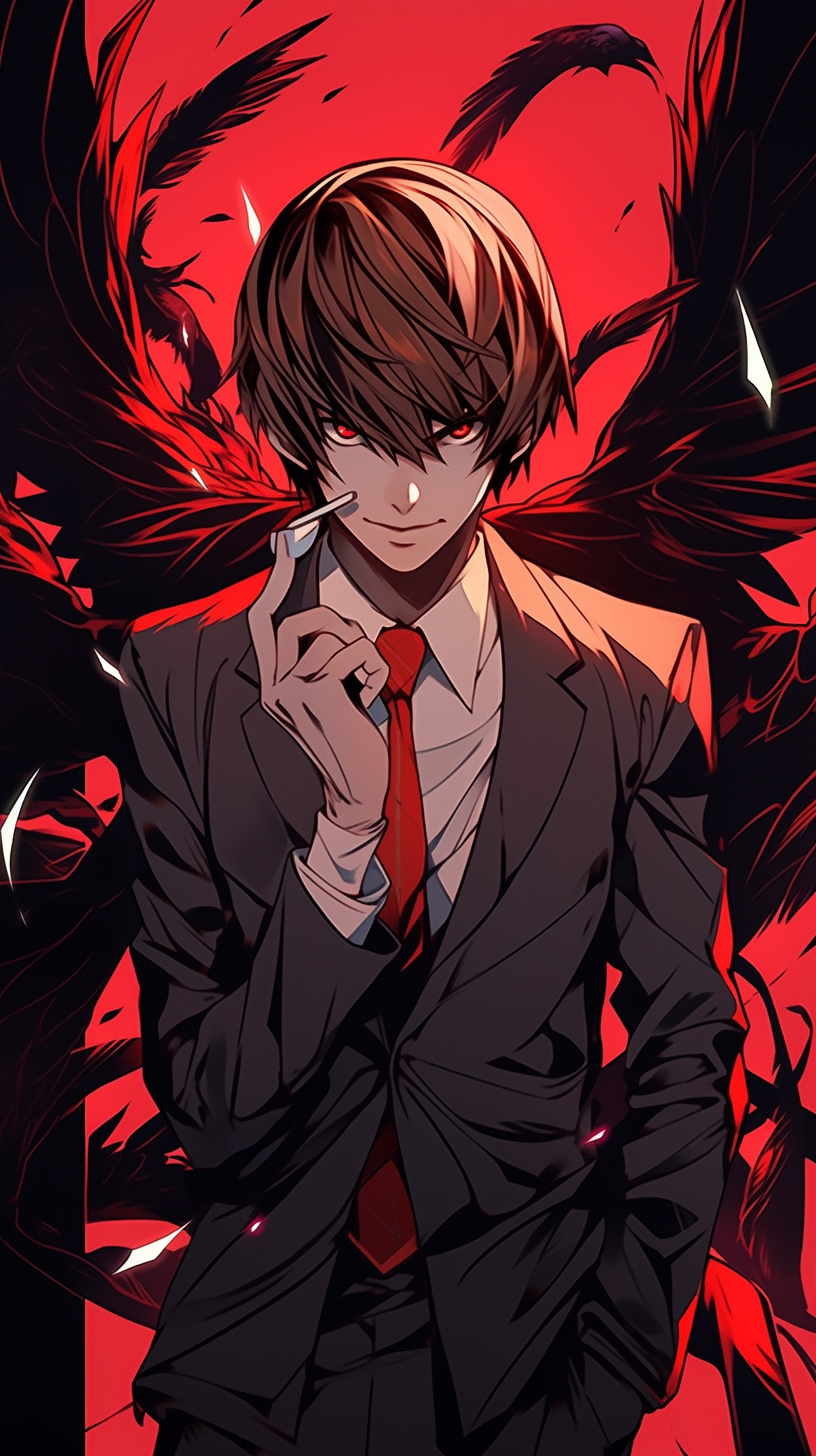 This anime wallpaper features a mysterious and enigmatic character dressed in a formal suit and tie, set against a striking red background