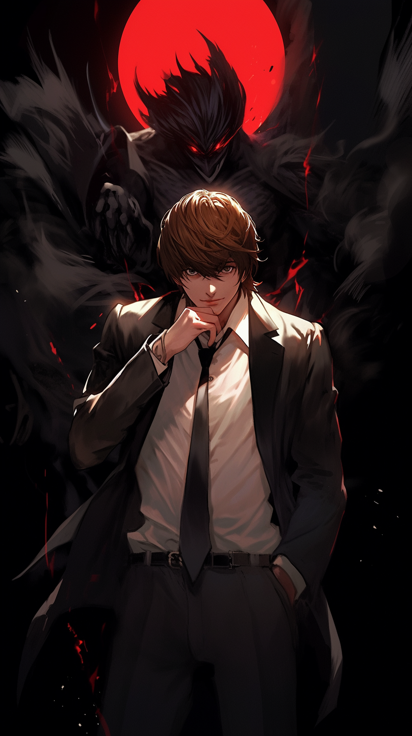 This anime wallpaper features a striking image of Light Yagami, the protagonist from the popular series 'Death Note