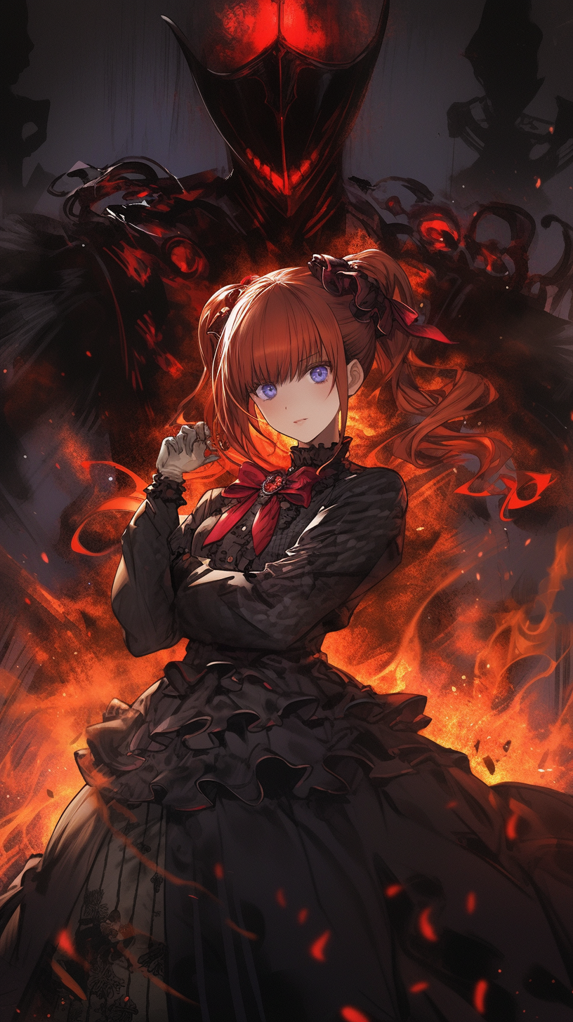 This anime wallpaper features a dramatic and intense scene with a female character in a fiery setting
