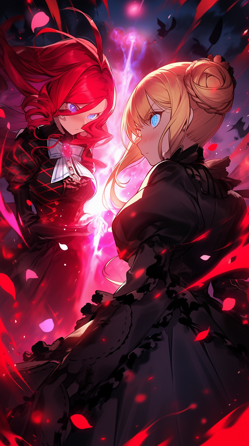 This anime wallpaper captures a dramatic and intense battle scene featuring two iconic characters from the Umineko series