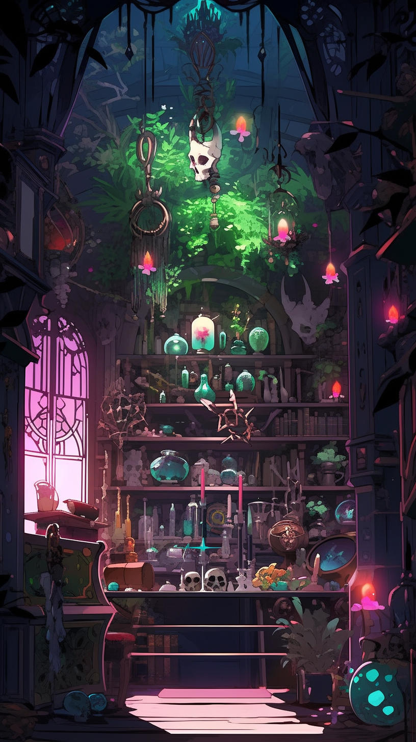 This enchanting anime wallpaper depicts a mysterious pet shop filled with an array of peculiar and glowing creatures