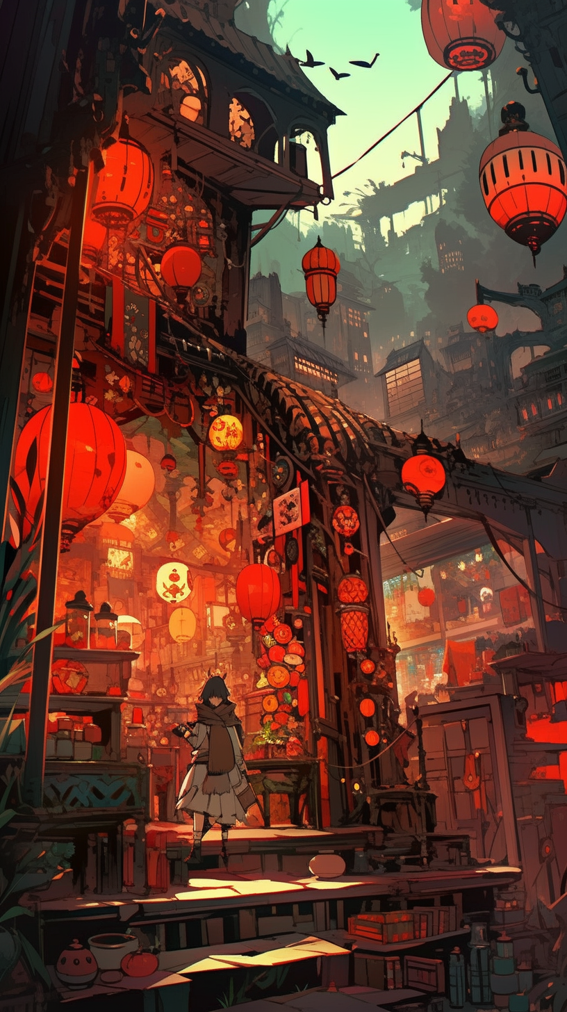 This anime wallpaper depicts a mysterious and eerie pet shop nestled in a dimly lit, traditional Japanese street