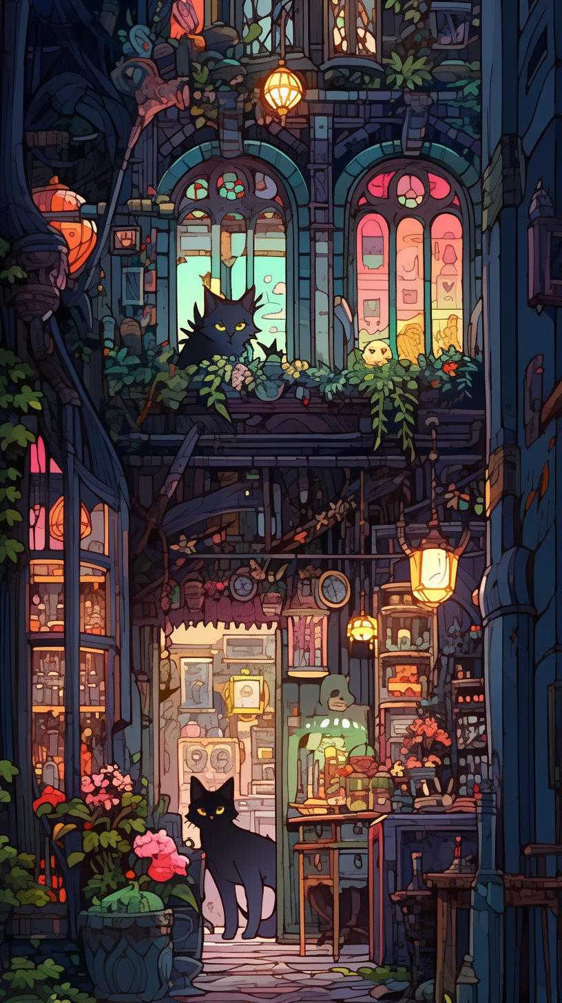 This anime wallpaper depicts a mysterious and eerie pet shop, bathed in an ethereal glow from colorful lanterns