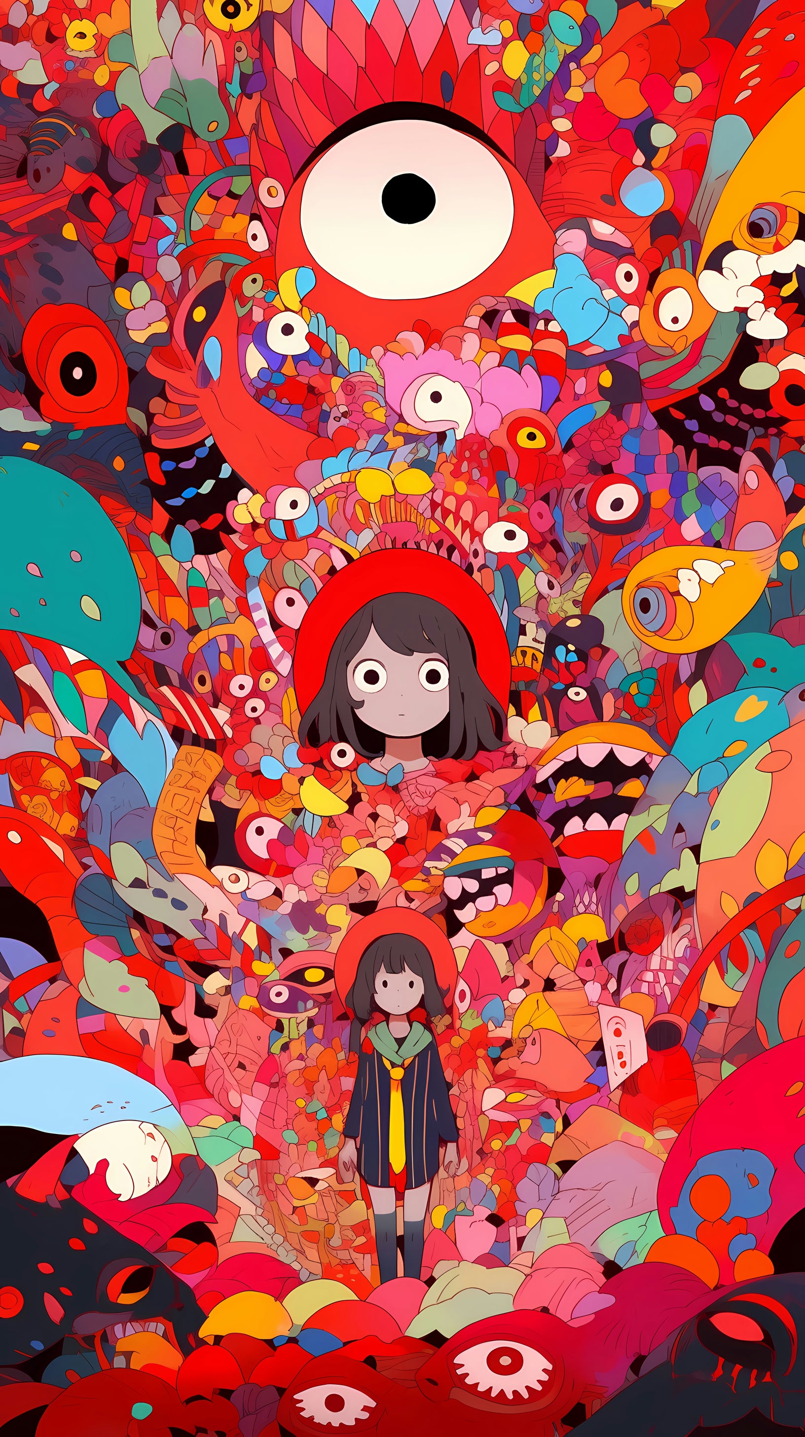 This anime wallpaper captures a surreal and eerie scene dominated by vibrant, psychedelic colors