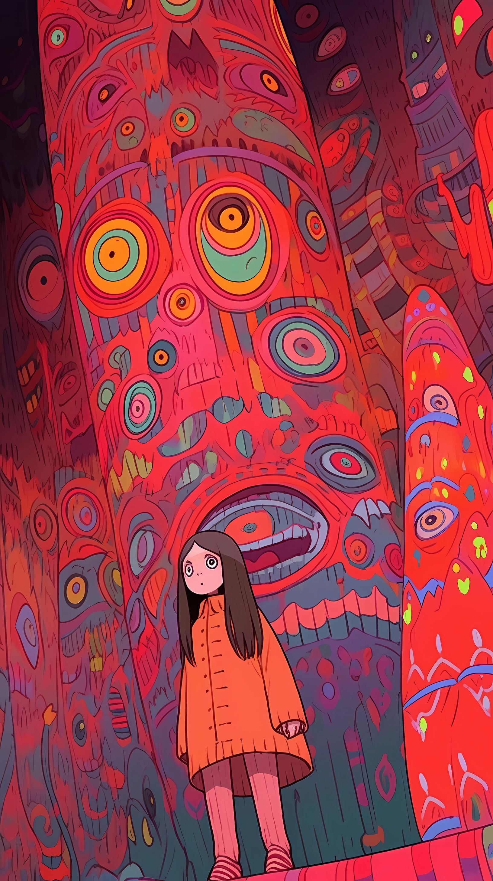 This anime wallpaper features a young girl standing in a surreal, eerie landscape dominated by a colossal, abstract tree