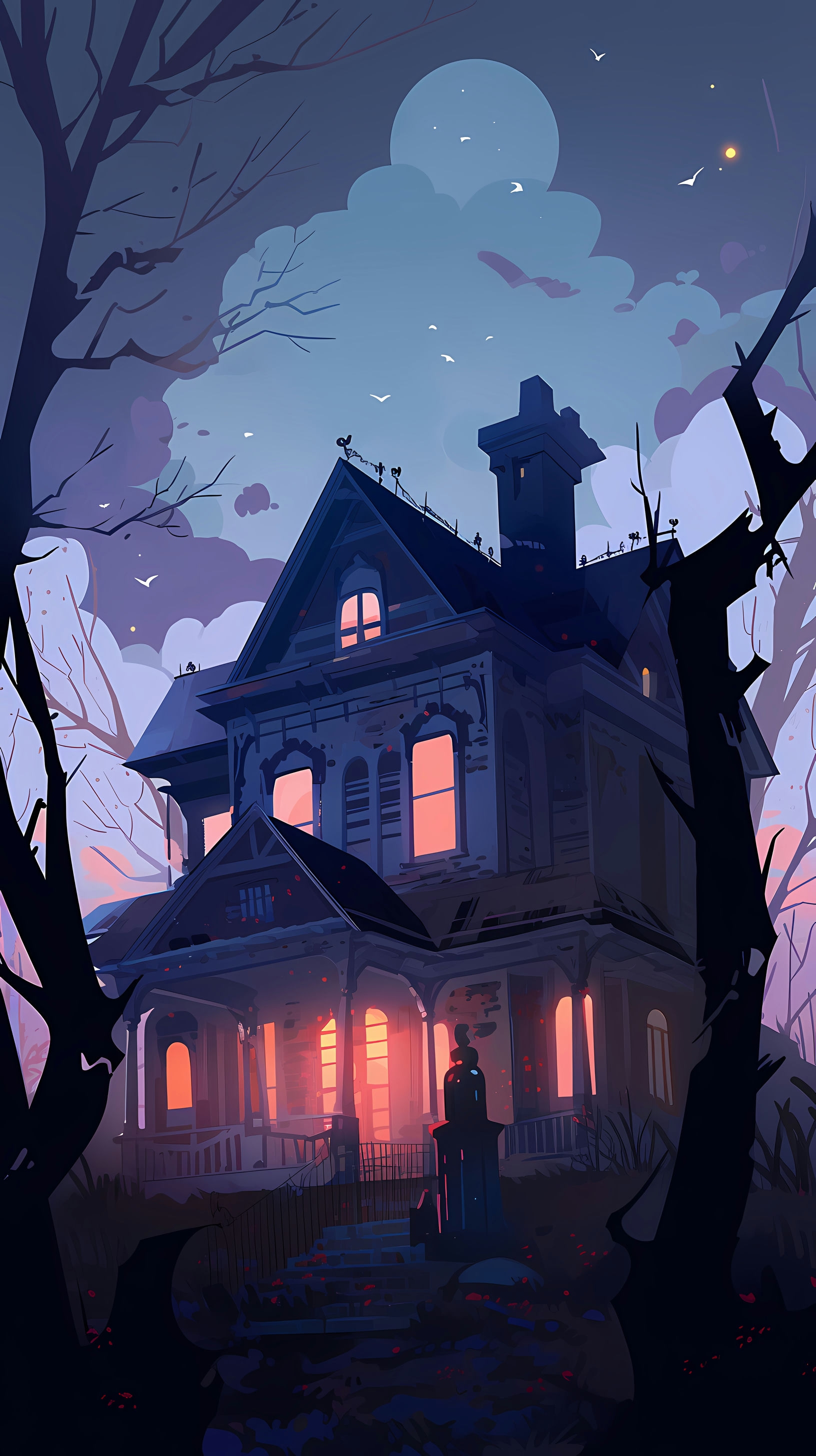This anime wallpaper captures a hauntingly beautiful scene of a spooky house under a moonlit night
